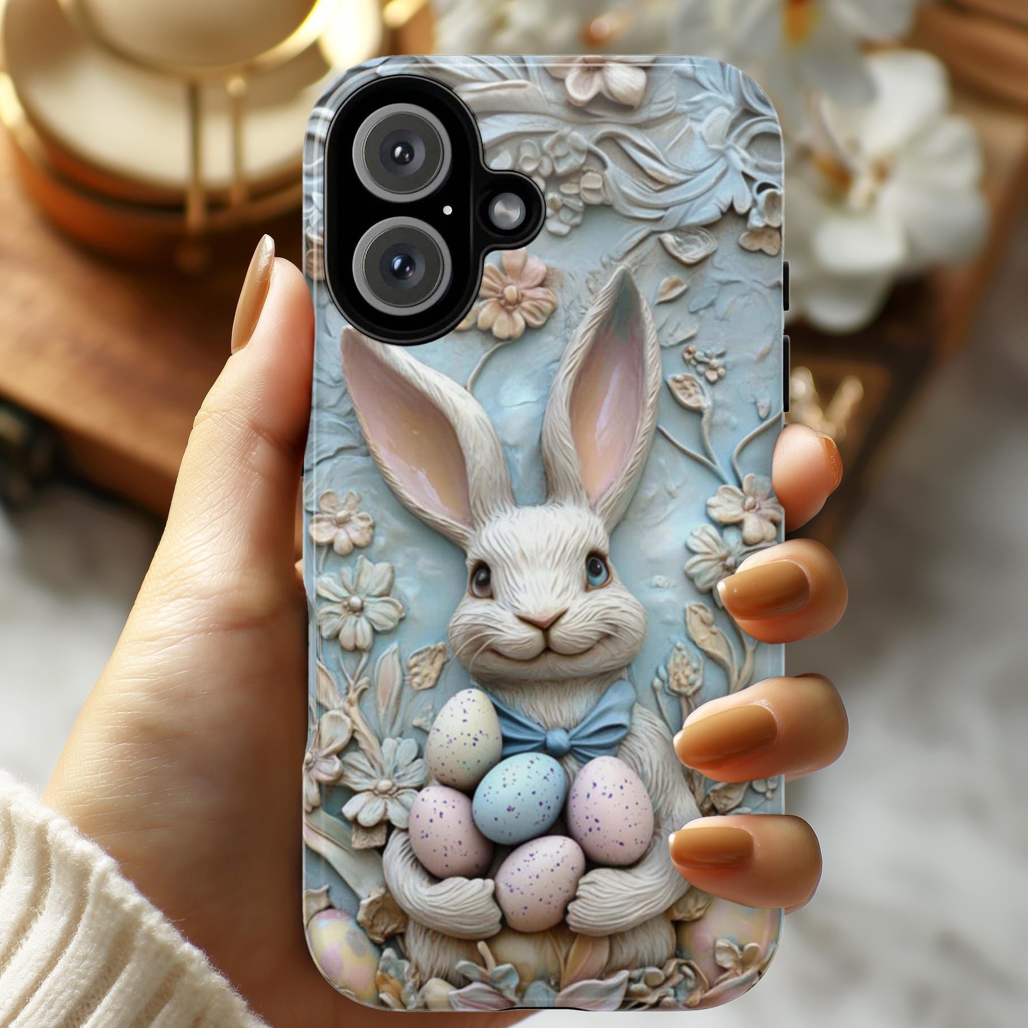 Easter Bunny & Egges 3D Style Phone Case, Spring Design Cute Pastel Rabbit Case for iPhone 16 15 14 13 Tough or Magsafe, Samsung, 464.5