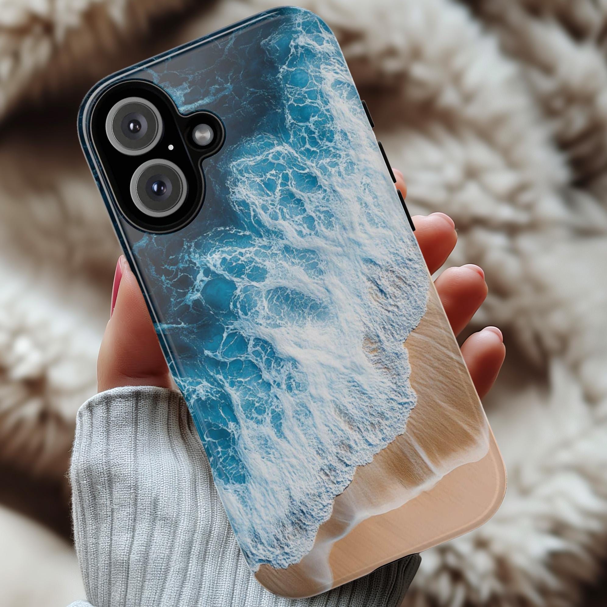 Ocean Wave & Beach Phone Case, Sea Foam and Sand Design, 3D Coastal Art Phone Case for iPhone 16 15 14 Magsafe, Samsung S25, 466.7