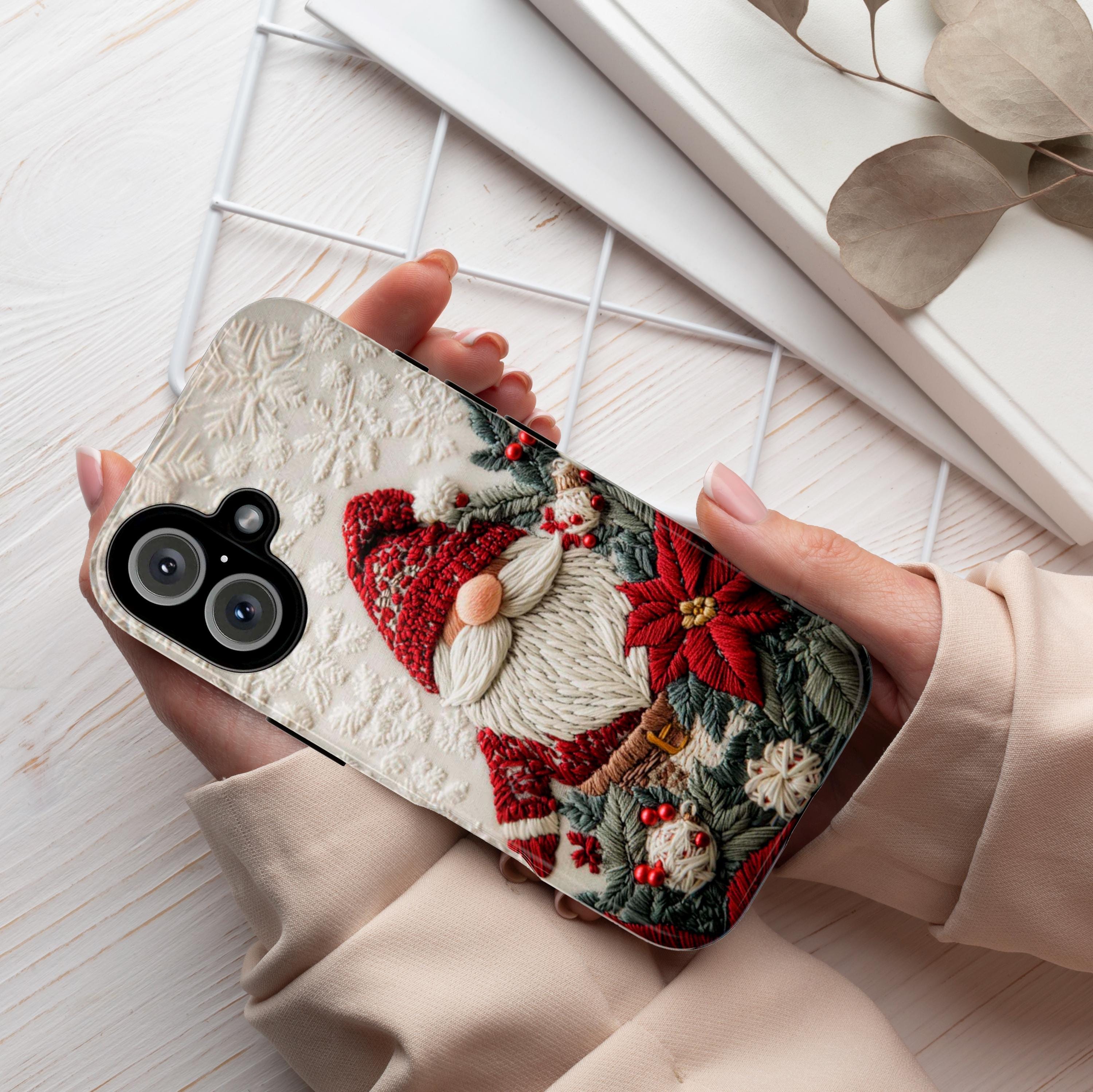 Christmas Gnome Phone Case, Poinsettia Florals Festive Holiday Gnome Design Snow Cover for iPhone 17 16 15 Tough or Magsafe, Samsung, 444.8