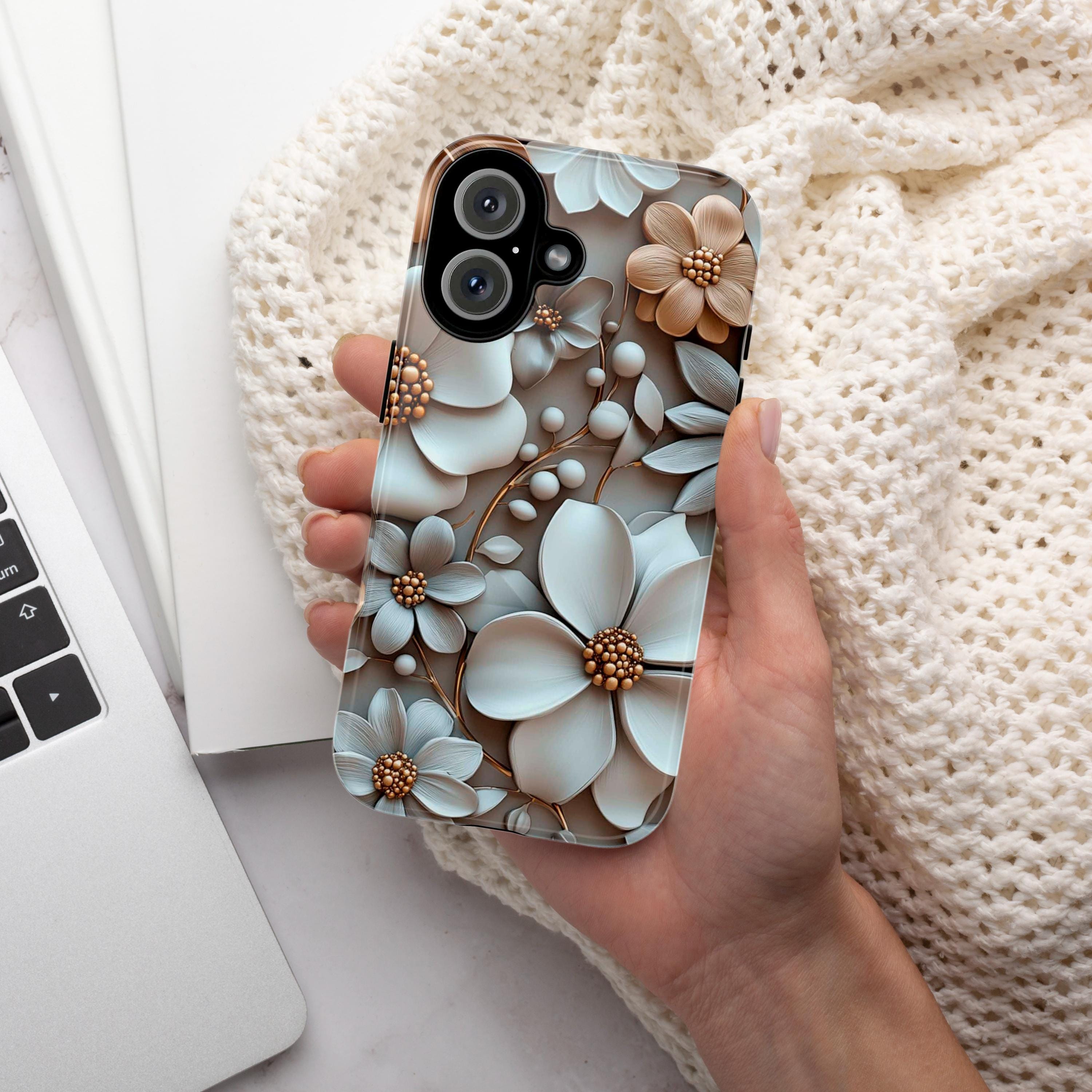 Pastel 3D Floral Art Phone Case, Beige Bloom 3D Design, Floral Garden Case for iPhone 16 15 14 13 Pro Max Plus Magsafe, Samsung S24, 439.4