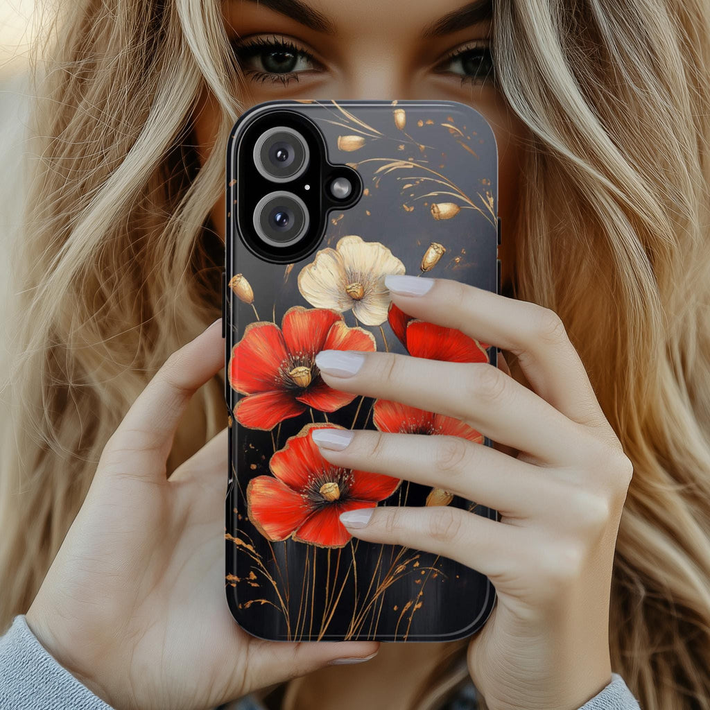 Elegant Poppy Phone Case with Gold, Red, and White Accents, Perfect for Flower Lovers Phone Case for iPhone 16, 15 Magsafe, Samsung, 459.4