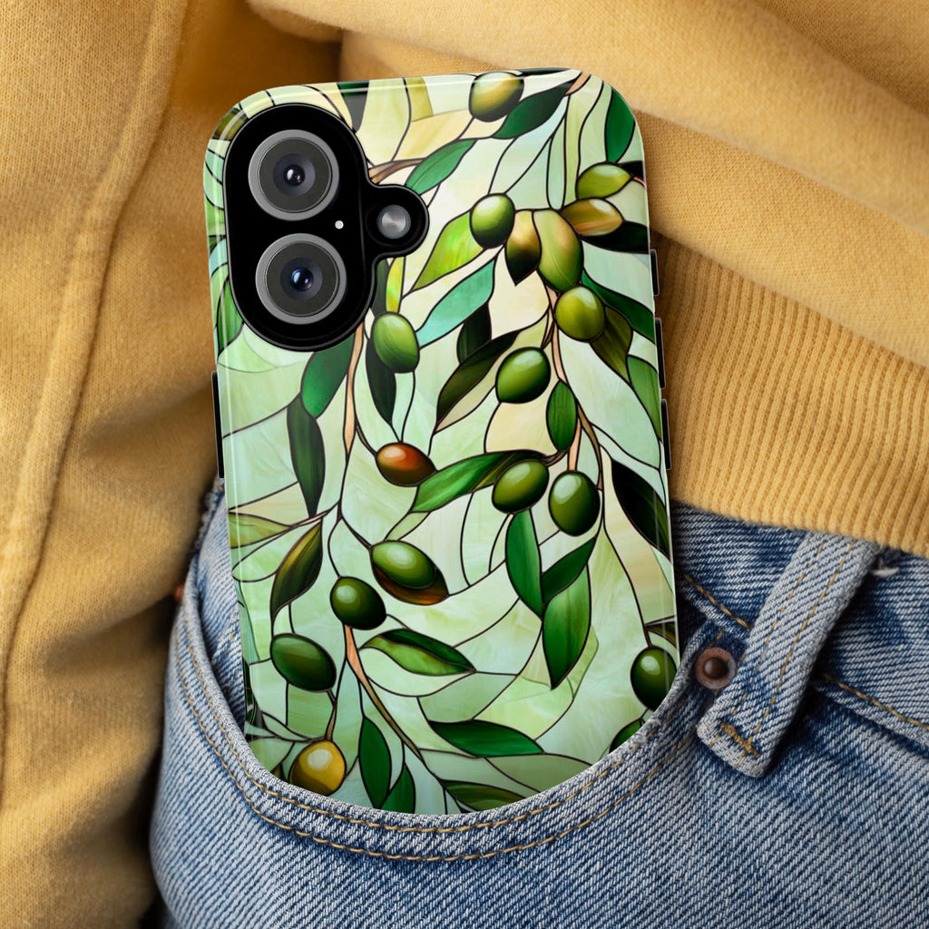 Pastel Olives Stained Glass Phone Case, 3D Green Olive Branch Magsafe for iPhone 16 15 14 13 12 11 Pro Max Plus / Samsung S24 Pixel, 418.7