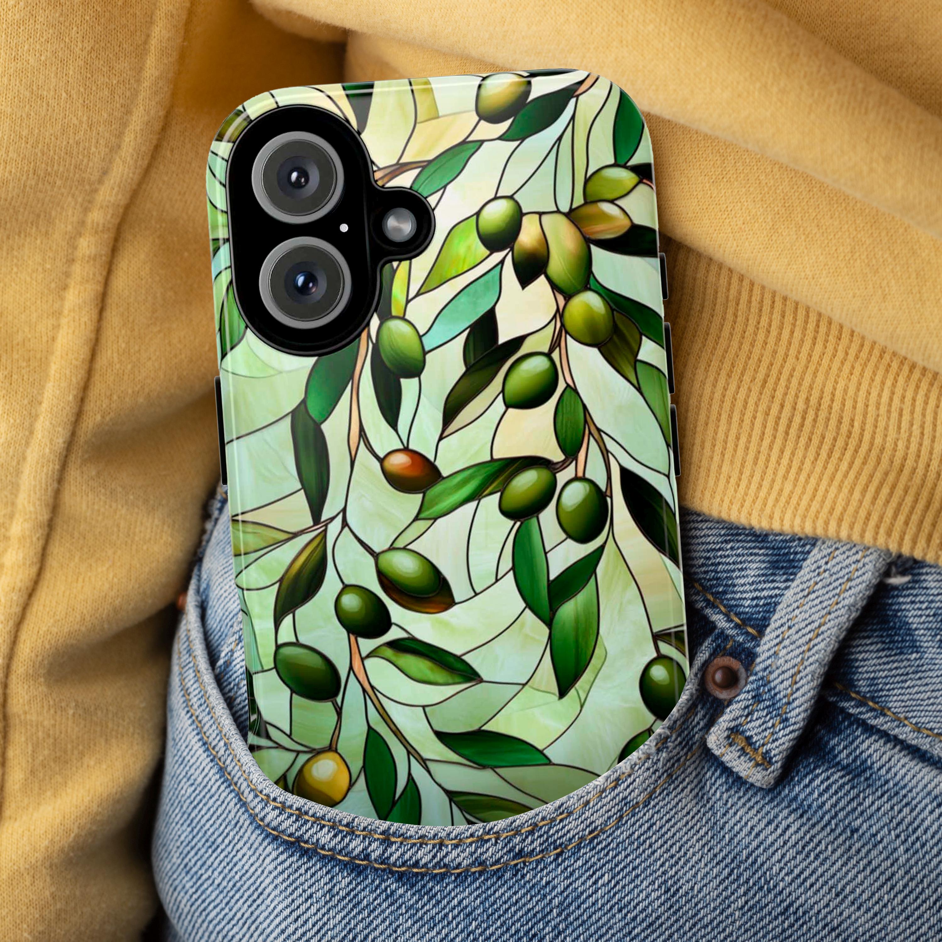 Pastel Olives Stained Glass Phone Case, 3D Green Olive Branch Magsafe for iPhone 16 15 14 13 12 11 Pro Max Plus / Samsung S24 Pixel, 418.7