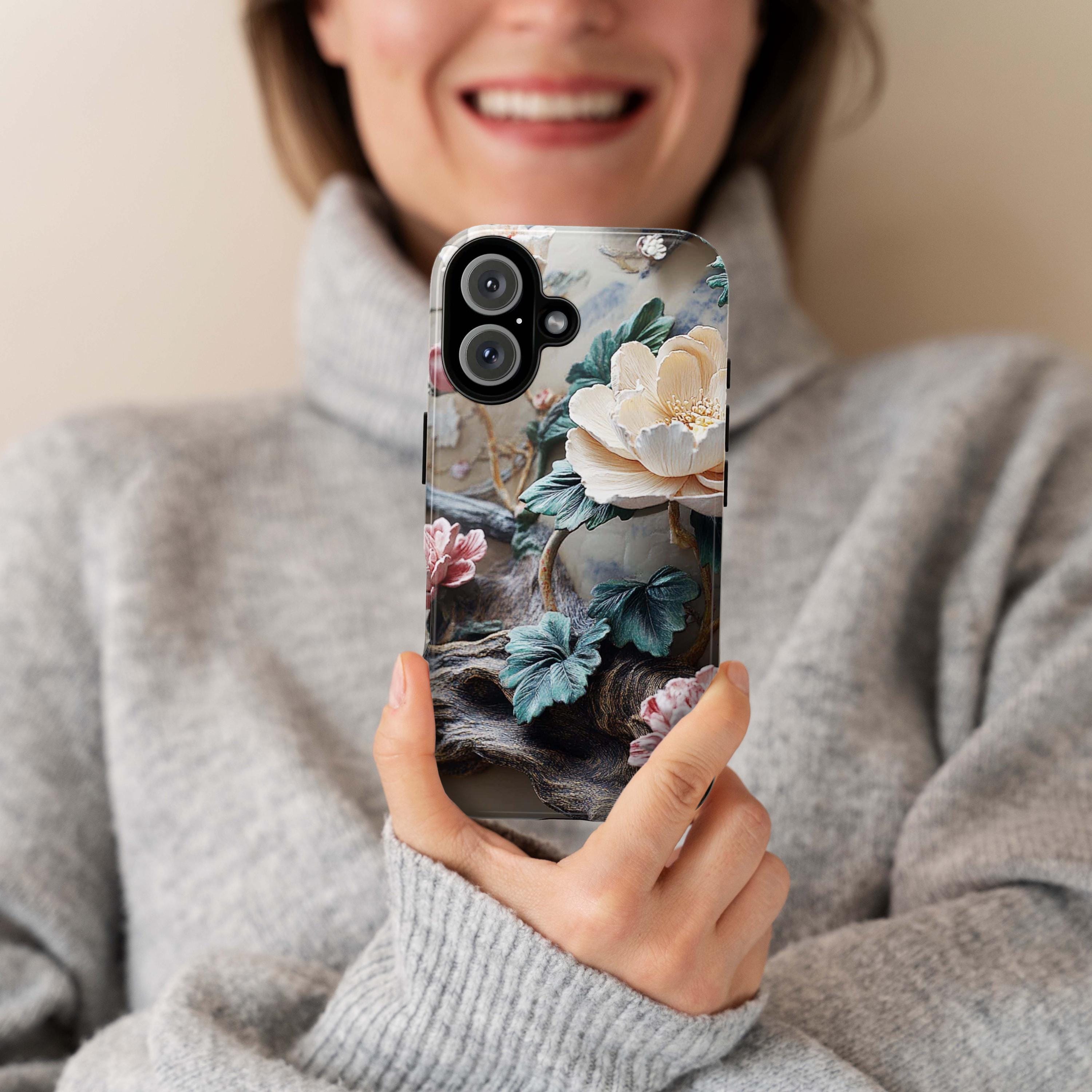 Gothic Botanical Phone Case, 3D Floral Design & Dark Elegance, Pastel Flowers Case for iPhone 16 15 14 13 Tough or Magsafe, Samsung, 476.8