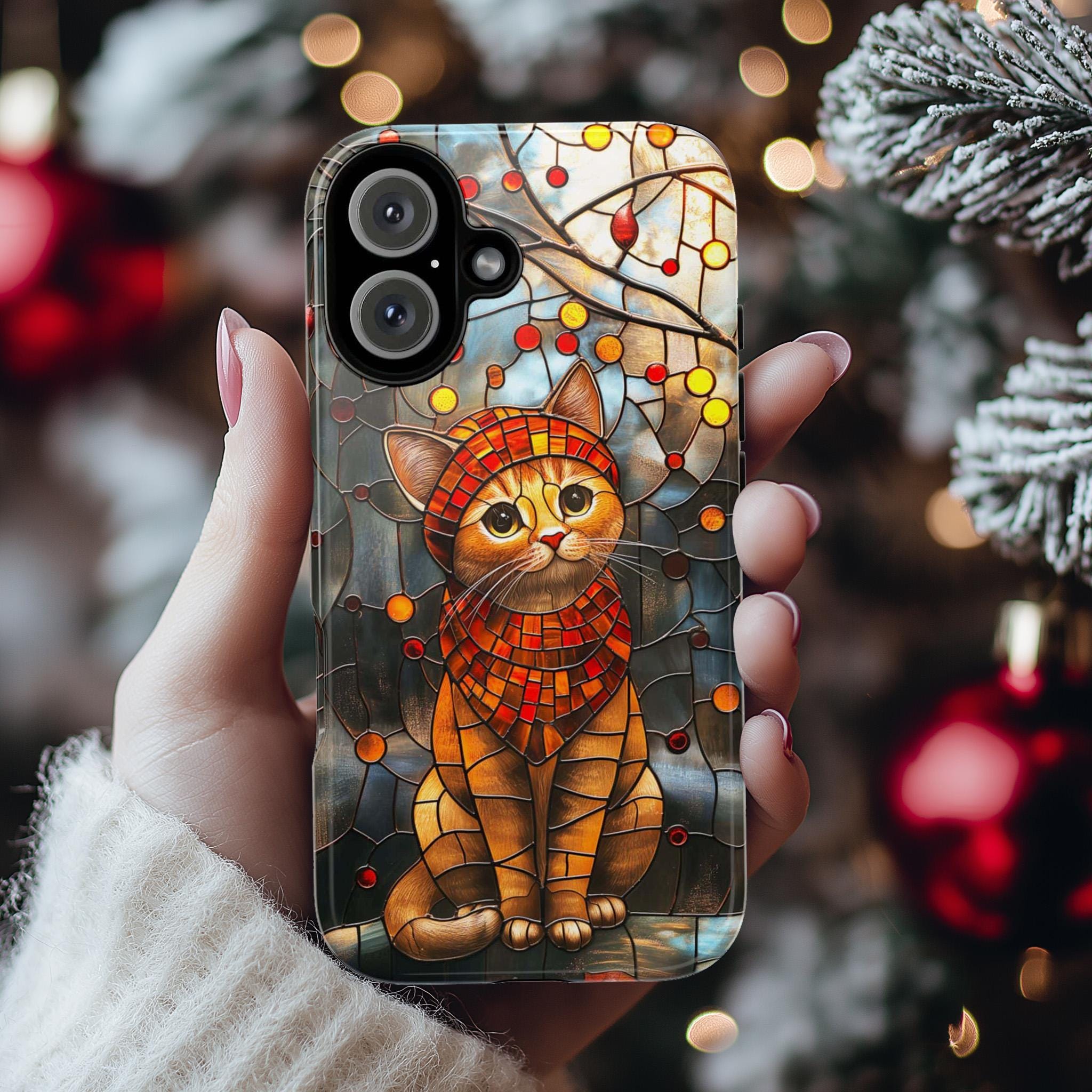 Vibrant Stained Glass Phone case  with Adorable Cat, Cat Lover Gift for iPhone 16 Pro Max 15 14 13 Plus, Samsung S25 Ultra, 416.3