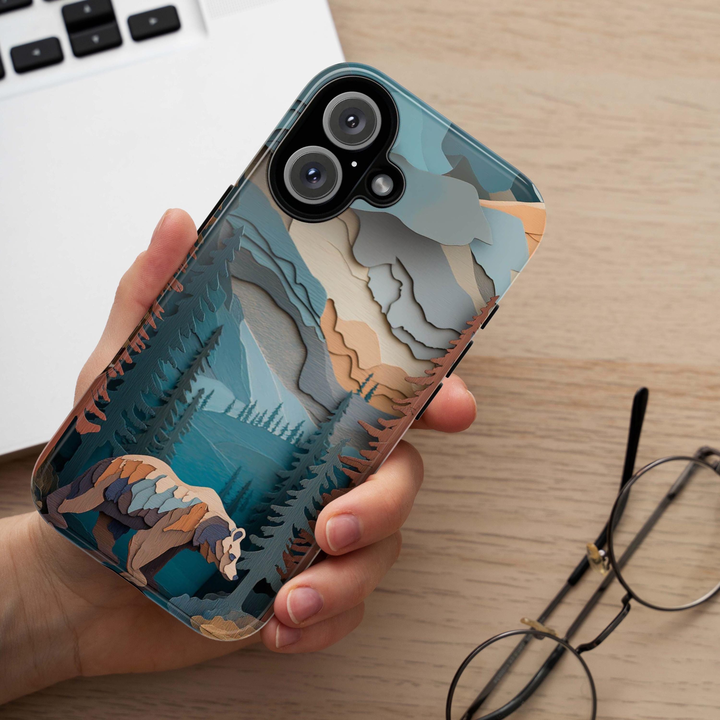Forest Phone Case with Bear Design, Wildlife Woodland Art for Outdoor Lovers for iPhone 16 15 14 13 Tough or Magsafe, Samsung, 470.17