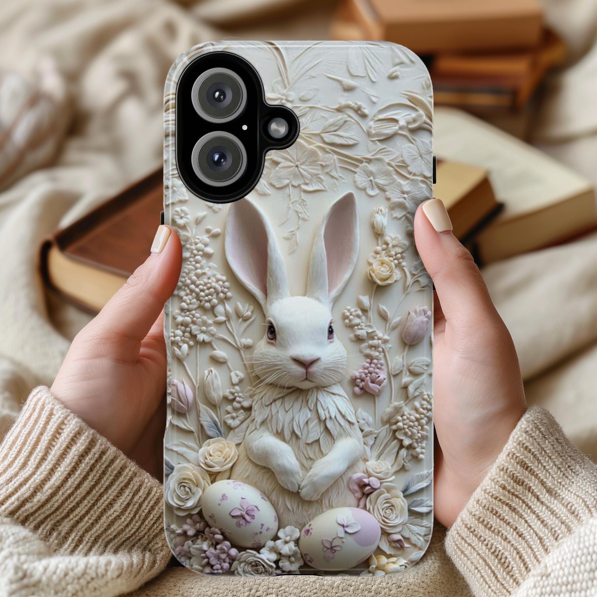 3D Easter White Bunny & Egges Phone Case, Spring Design, Cute Pastel Easter Rabbit Case for iPhone 16 15 14 13 Magsafe, Samsung S25, 464.2