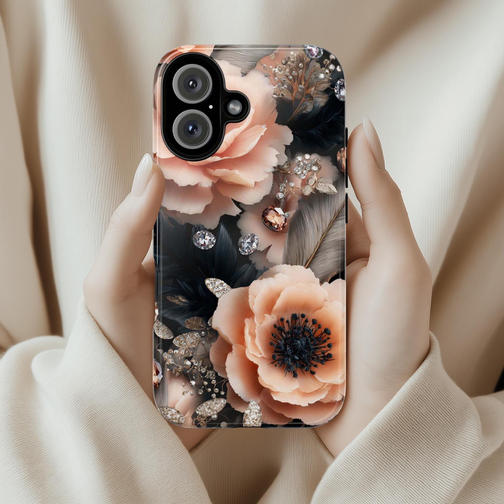 Luxury Anemone Flower Phone Case, Stylish Crystal Accents Rose Floral Design Cover for iPhone 16 15 Tough or Magsafe, Samsung, 476.27