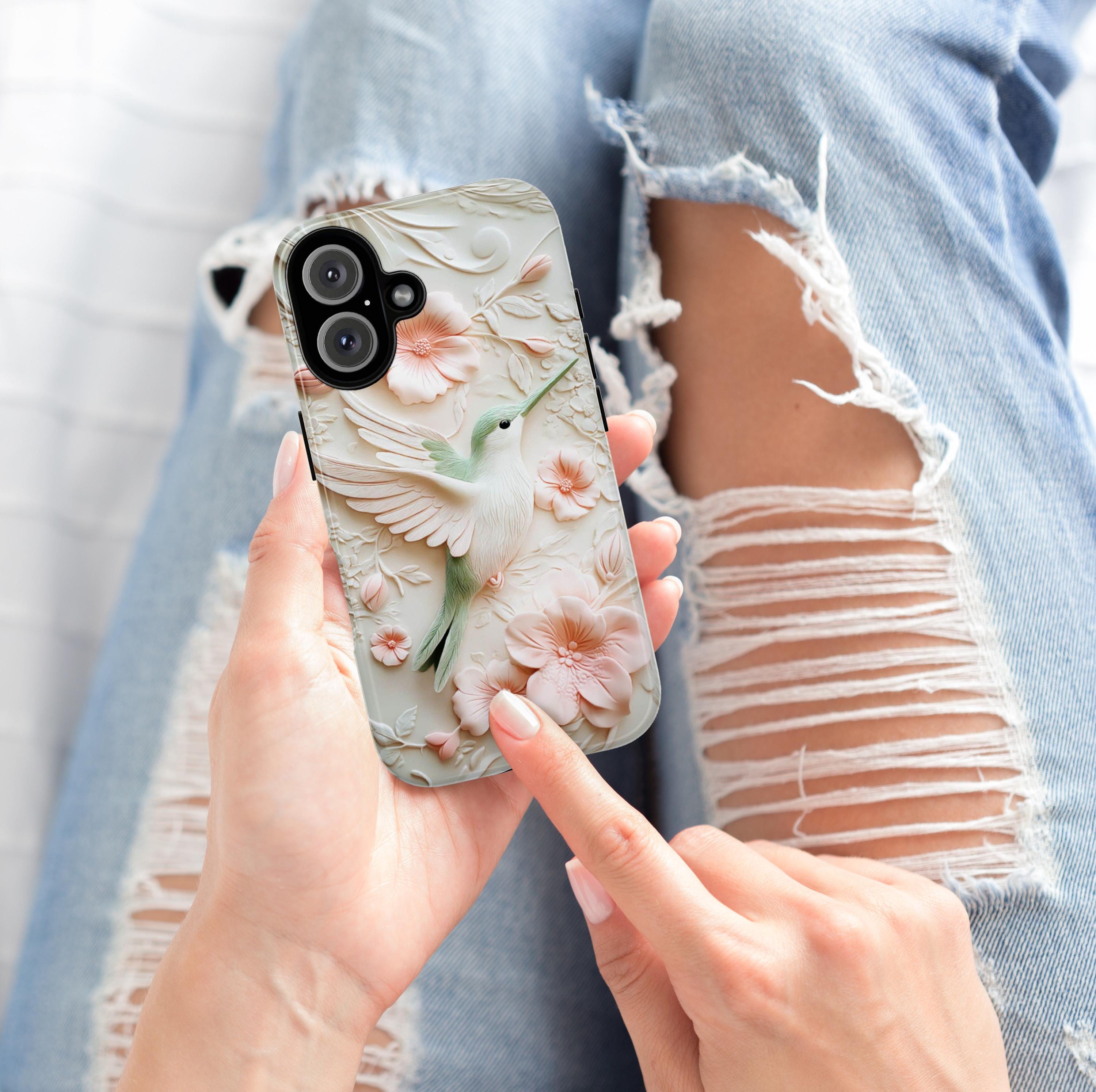 Cozy Hummingbird & Floral Blossom Phone Case, Spring 3D Flower Design for iPhone 16, 15, 14, 13 Tough or Magsafe, Samsung S24, 419.6