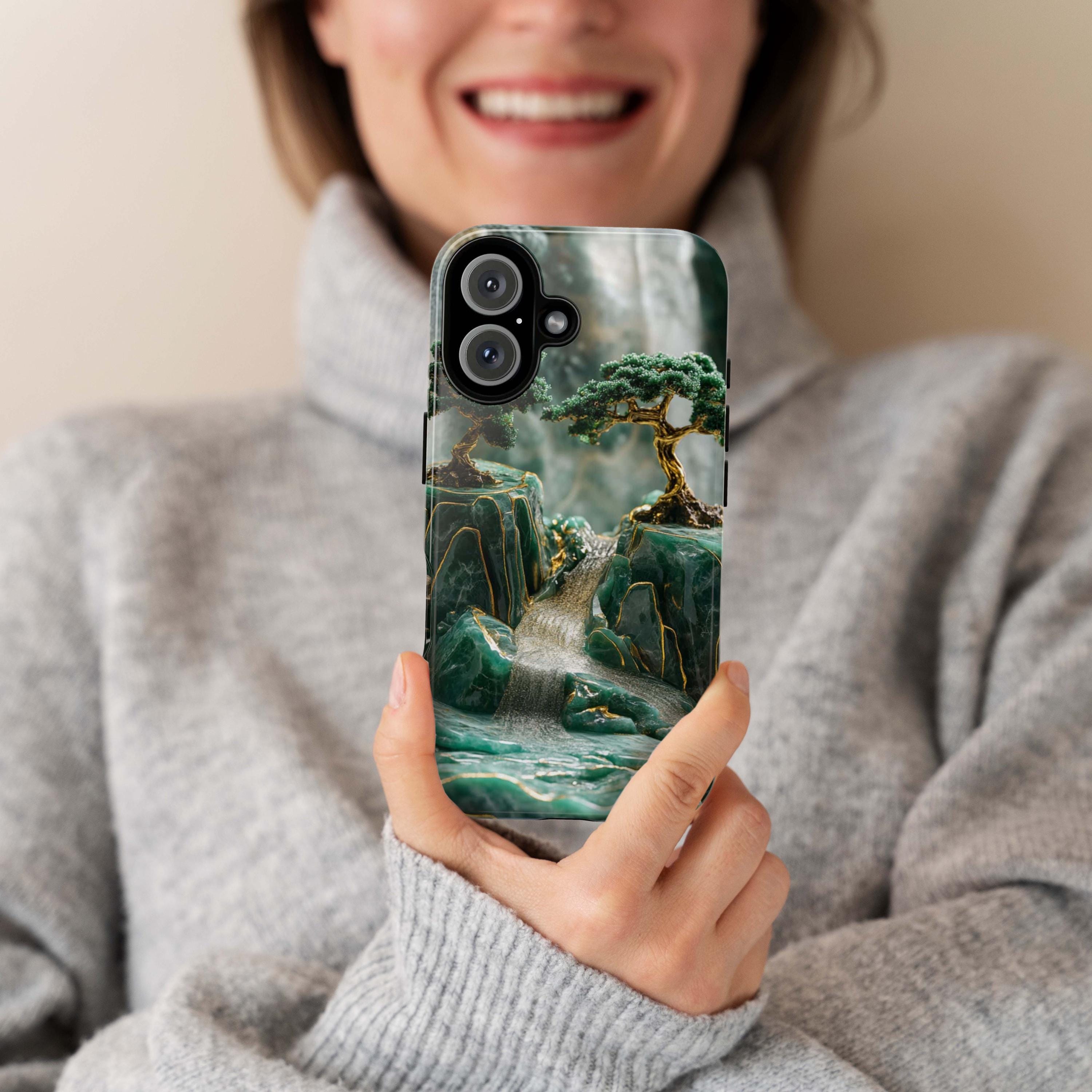 Asian Green Jade Carving Phone Case, Landscape Scenery Art Phone Cover, Aesthetic Phone Cover for iPhone 16 15 Pro Max, Samsung S24, 438.5