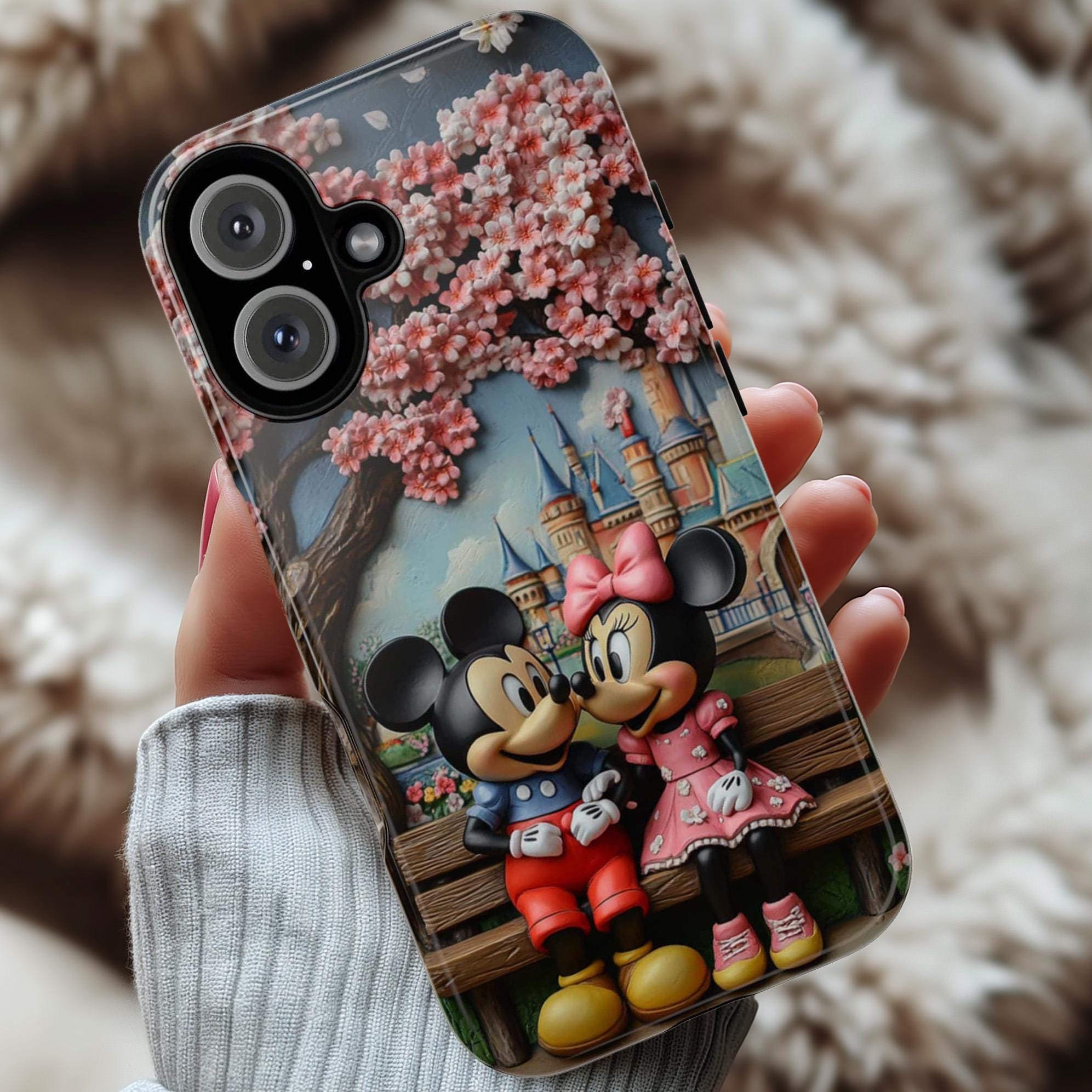 Japanese Cherry Blossom Mickey Minnie Phone Case, 3D Tokyo Disneyland Phone Cover for iPhone 16, 15, 14 Tough or Magsafe, Samsung, 442.45