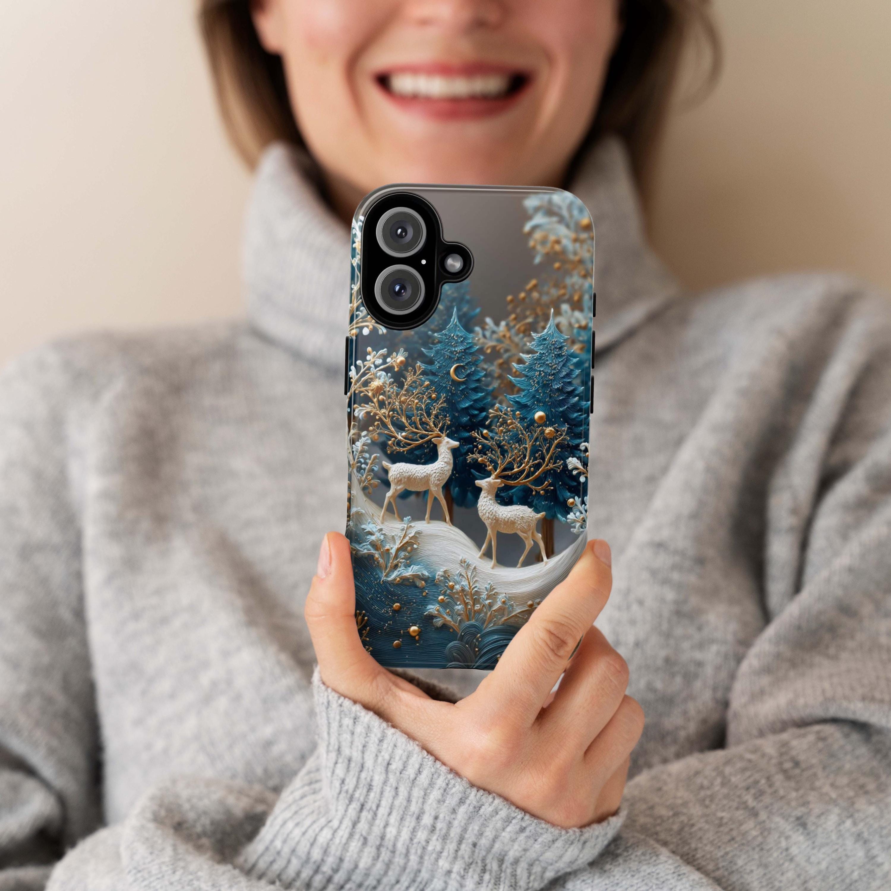 Winter Chistmas Forest Reindeer Phone Case | Snowy Holiday Woodland Cover for iPhone 16 15 14 Tough or Magsafe, Samsung, 481.1
