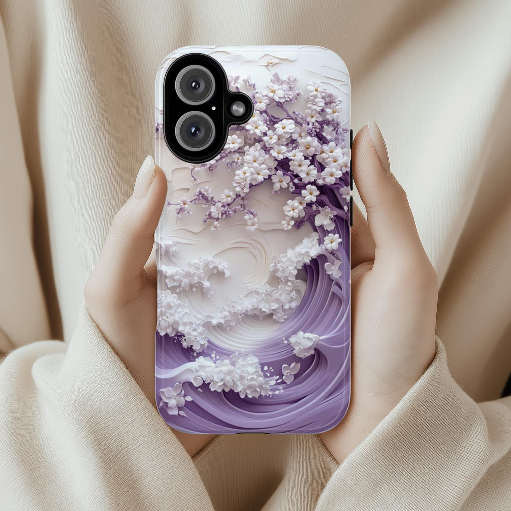 Sakura Cherry Blossom & Waves Phone Case, Purple Japanese Art Cover, 3D Elegant Floral Case for iPhone 16 15 14 Magsafe, Samsung S25, 469.2