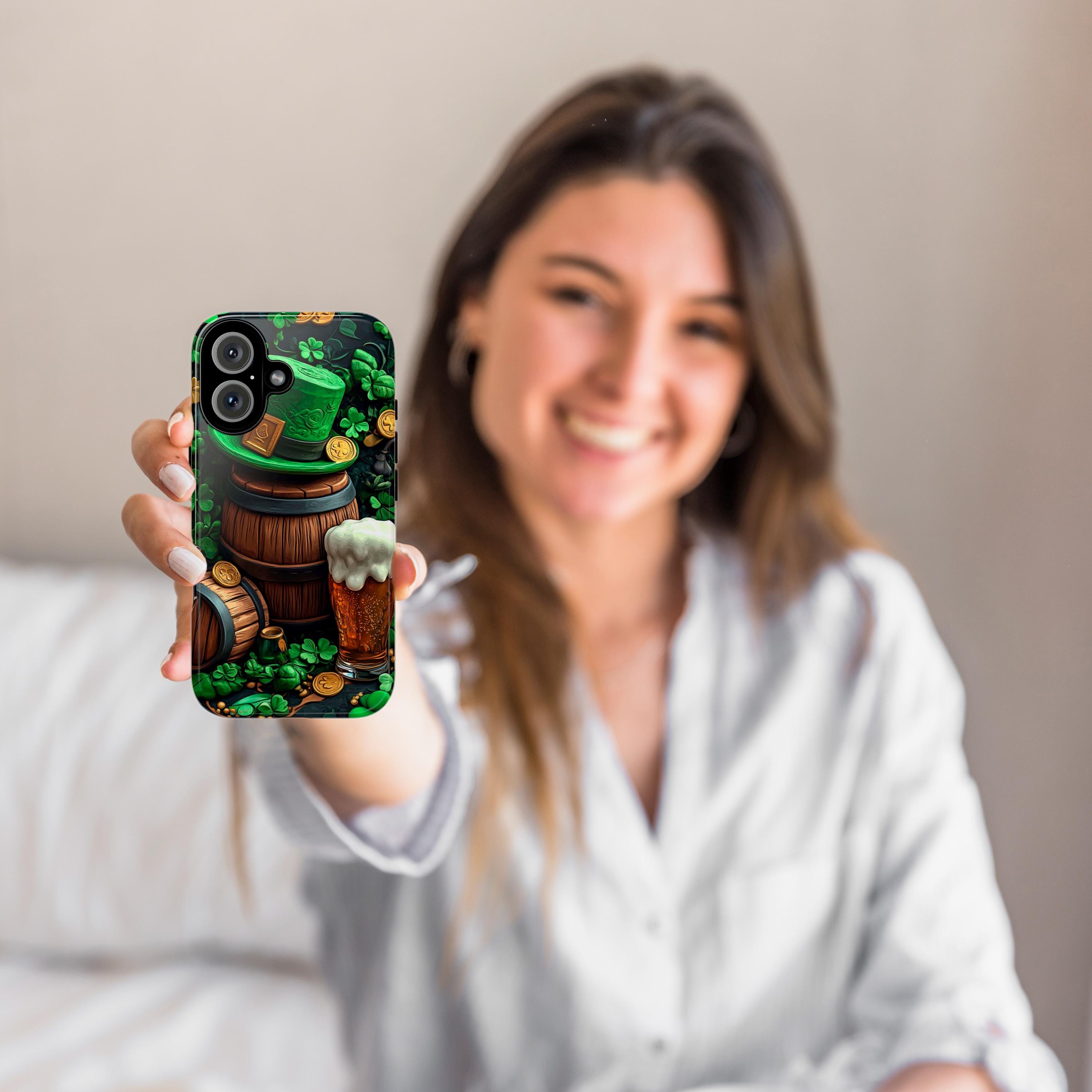 St. Patrick's Day Phone Case with Lucky Shamrocks and Cheerful Beer, Lucky Irish Inspired Cover for iPhone 16, 15, Samsung Galaxy S24, 457.3