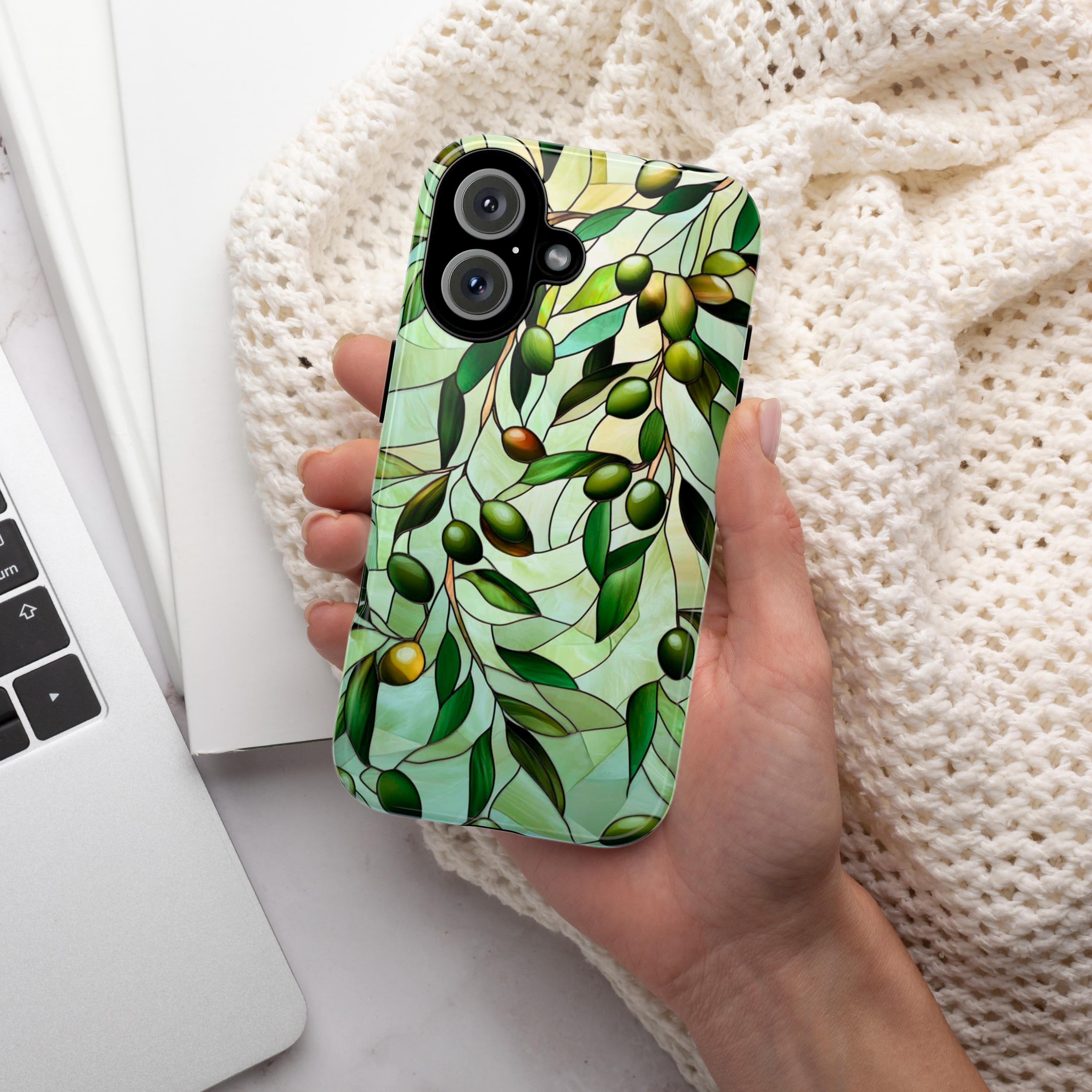 Pastel Olives Stained Glass Phone Case, 3D Green Olive Branch Magsafe for iPhone 16 15 14 13 12 11 Pro Max Plus / Samsung S24 Pixel, 418.7
