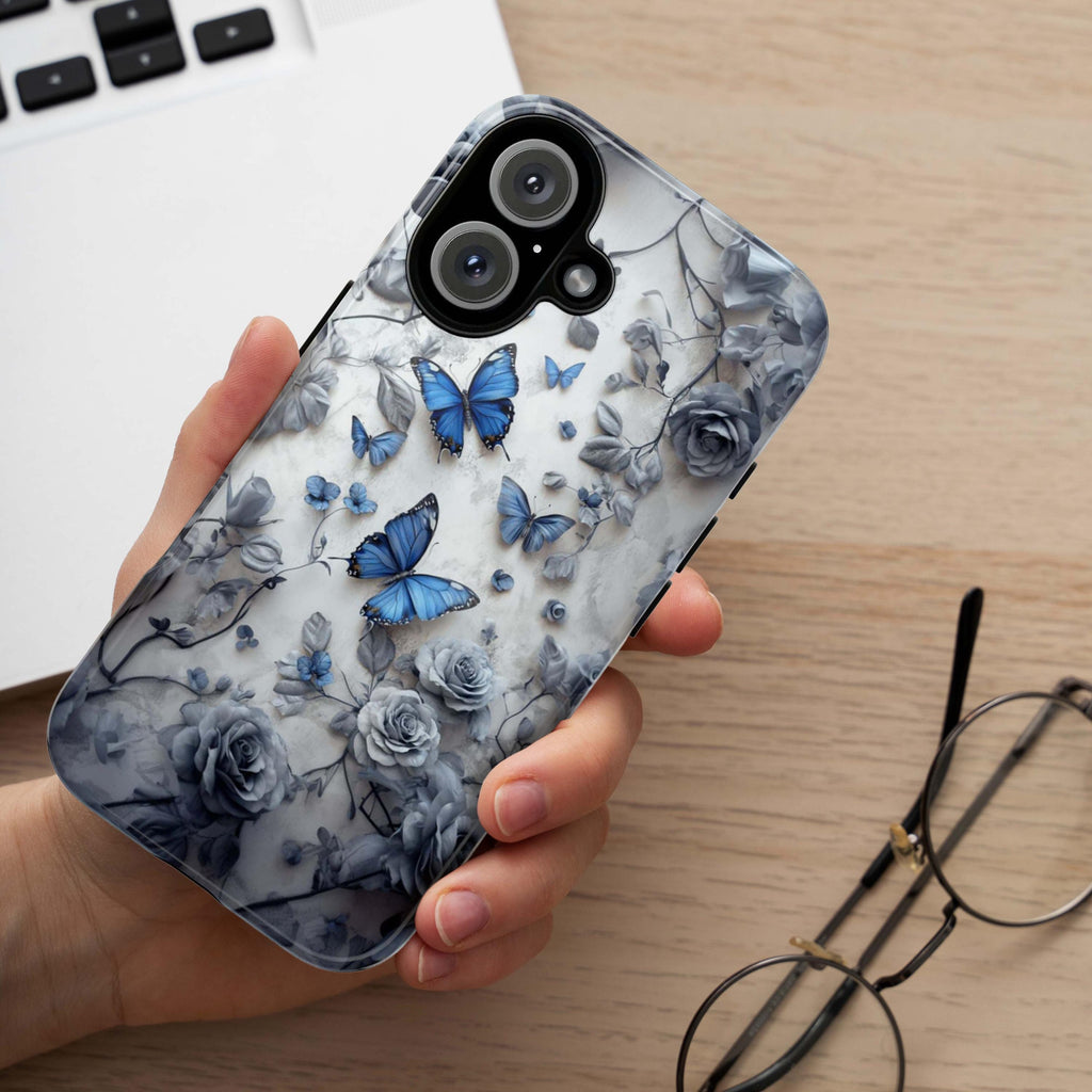 3D Blue Butterflies and Gray Rose Phone Case, Art Floral Butterfly Phone Cover for iPhone 16, 15, 14, 13 Magsafe & Samsung, Pixel, 422.10