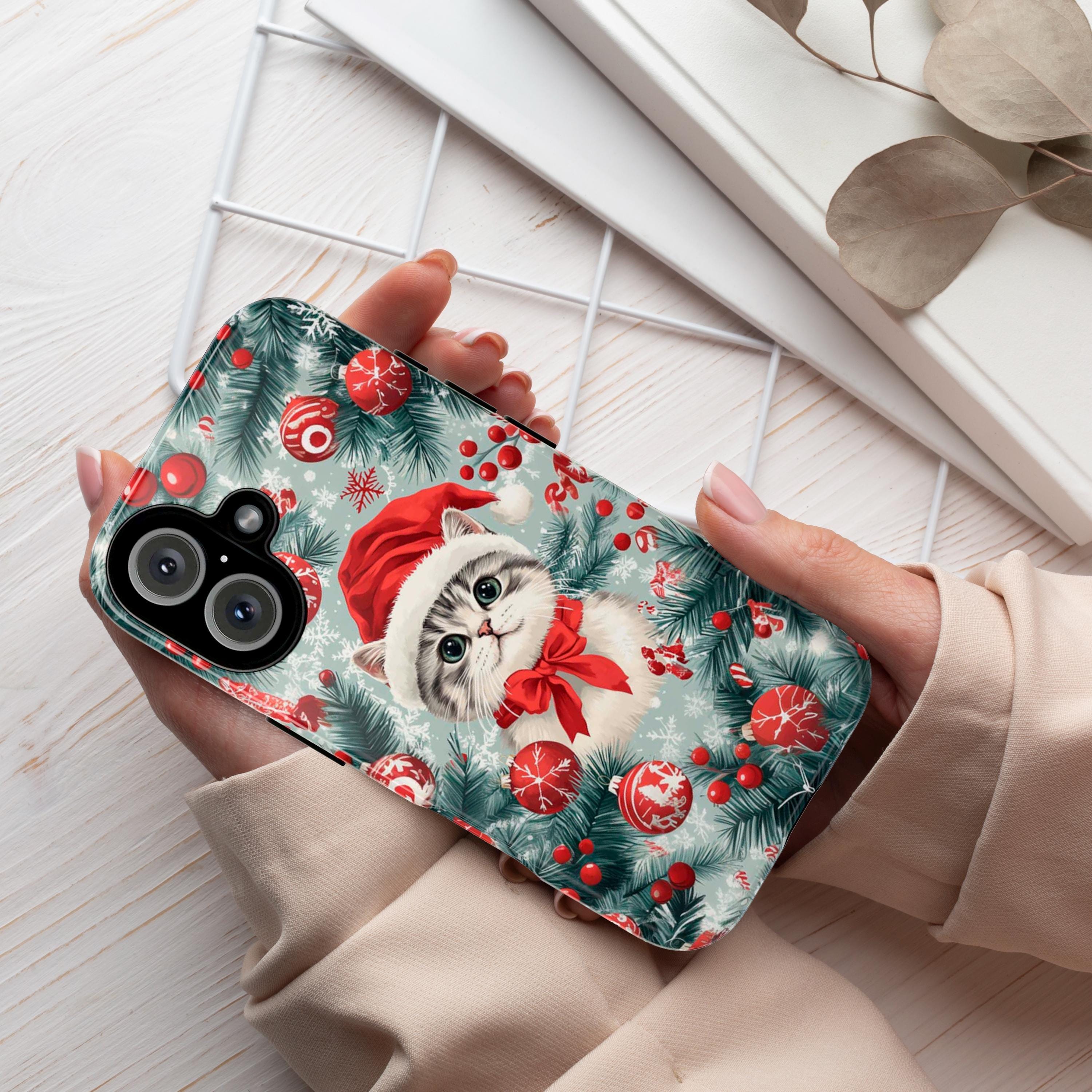 Christmas Cat Phone Case with Ornaments, Cute Pastel Colors Holiday Cover for iPhone 16 15 14 Tough or Magsafe, Samsung, 431.4