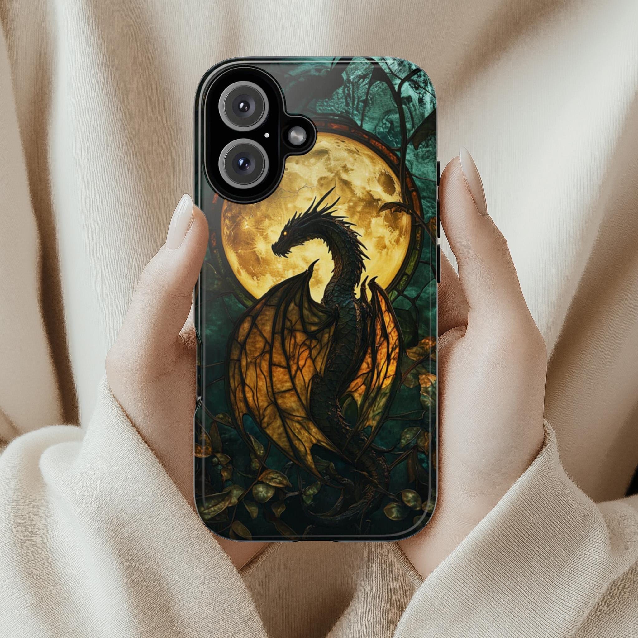 Mystical Dragon Stained Glass Phone Case, Gothic Cell Phone Cover for iPhone 15 14 13 12 11 Pro Max Plus / Samsung Galaxy S23 S22, 421.6