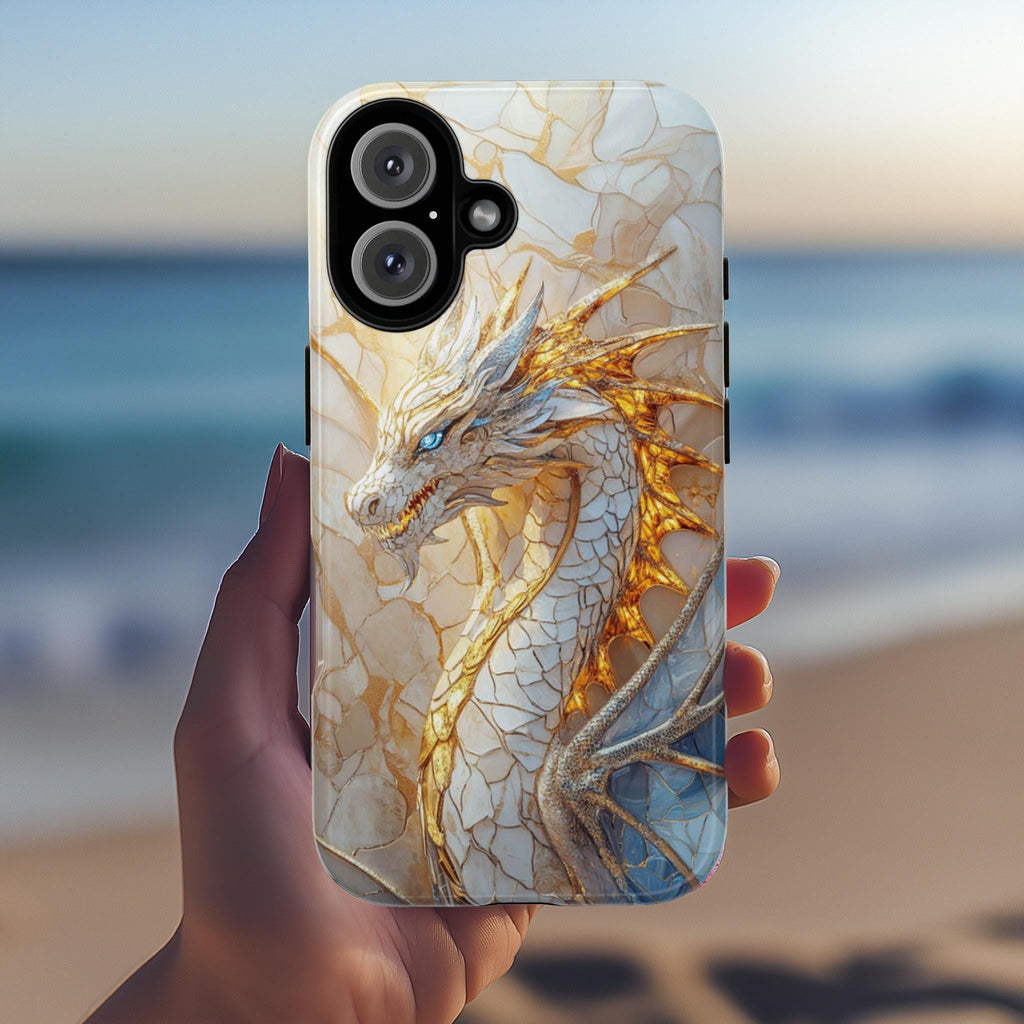Fantasy White Dragon Stained Glass Phone Case, Gothic Mystical Mosaic Dragon Cover for iPhone 16, 15, Samsung Galaxy S24, 421.8