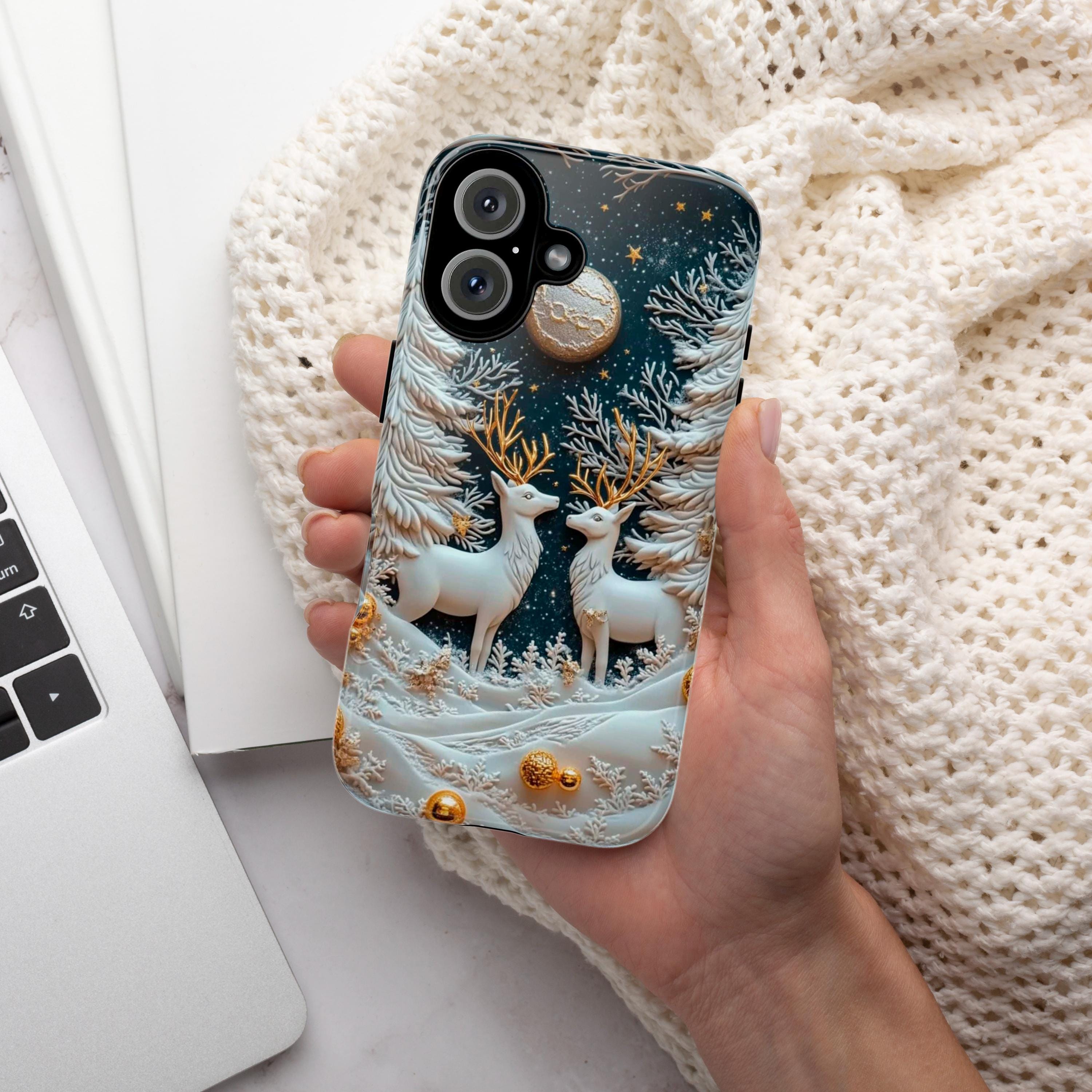 Winter Forest Reindeer Phone Case, Snowy Christmas Deer MagSafe for iPhone 16 15 14 13 12 Pro Max Plus, Samsung S24 Ultra, Pixel 8, 433.19