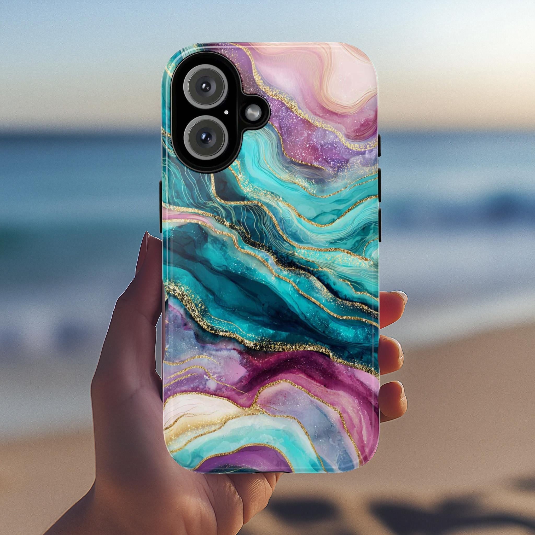 Pink Teal Bold Marble with Gold effect Phone Case, Stylish Protective Cover for iPhone and Android, Chic Modern Aesthetic Accessory, 479.2