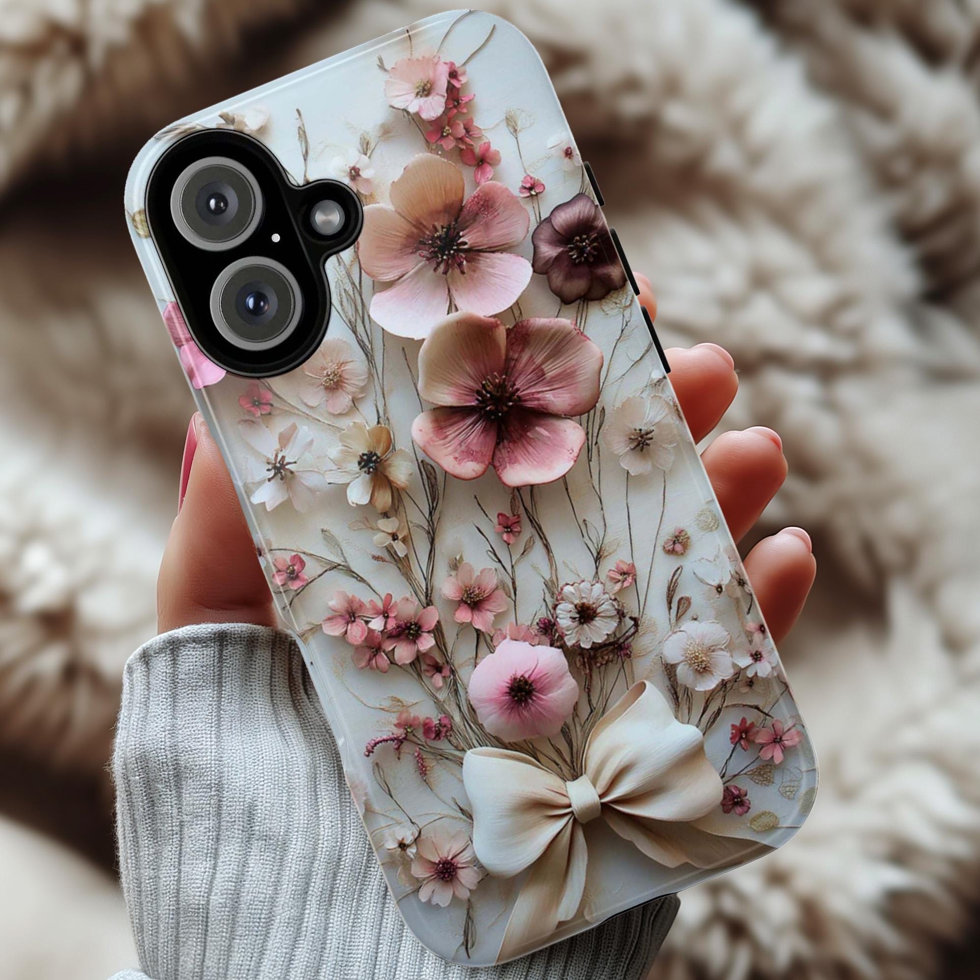 Spring Floral & Bow Phone Case, Pastel Bloom 3D Design, Coquette Case for iPhone 16 15 14 13 Pro Max Plus Magsafe, Samsung S24, 439.46