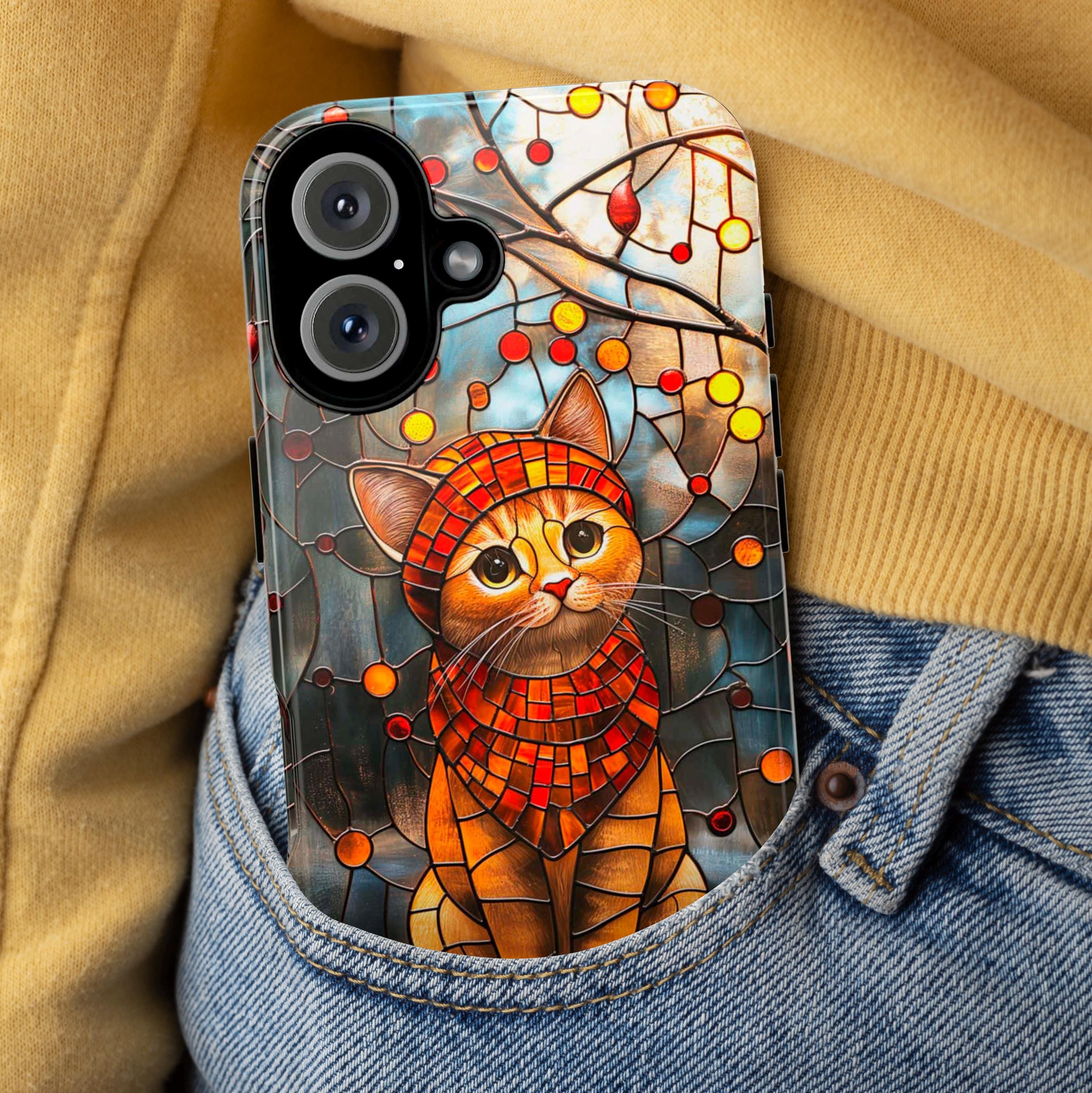 Vibrant Stained Glass Phone case  with Adorable Cat, Cat Lover Gift for iPhone 16 Pro Max 15 14 13 Plus, Samsung S25 Ultra, 416.3