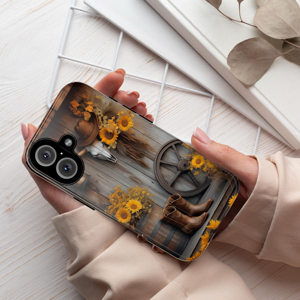 Rustic Western Style Phone Case, Sunflower Phone Case, Cow Skull Vintage Farmhouse Phone 16 15 14 13 Pro Max Plus, Samsung S24, 460.1