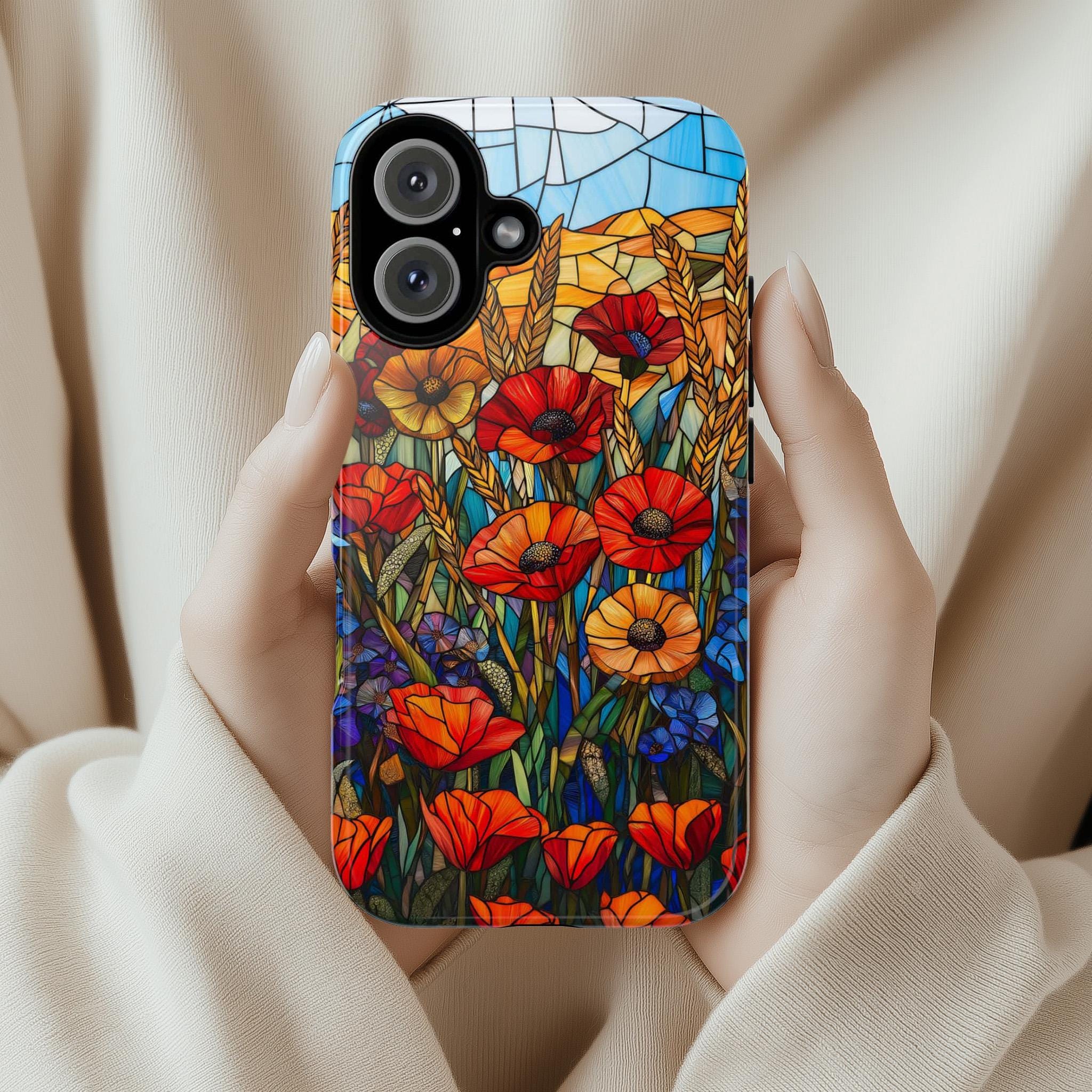 Stained Glass Poppies, CornFlowers Phone Case, Golden Wheat Field Phone Cover for iPhone 16 15 14 13 Pro Magsafe Samsung Galaxy S24, 418.21