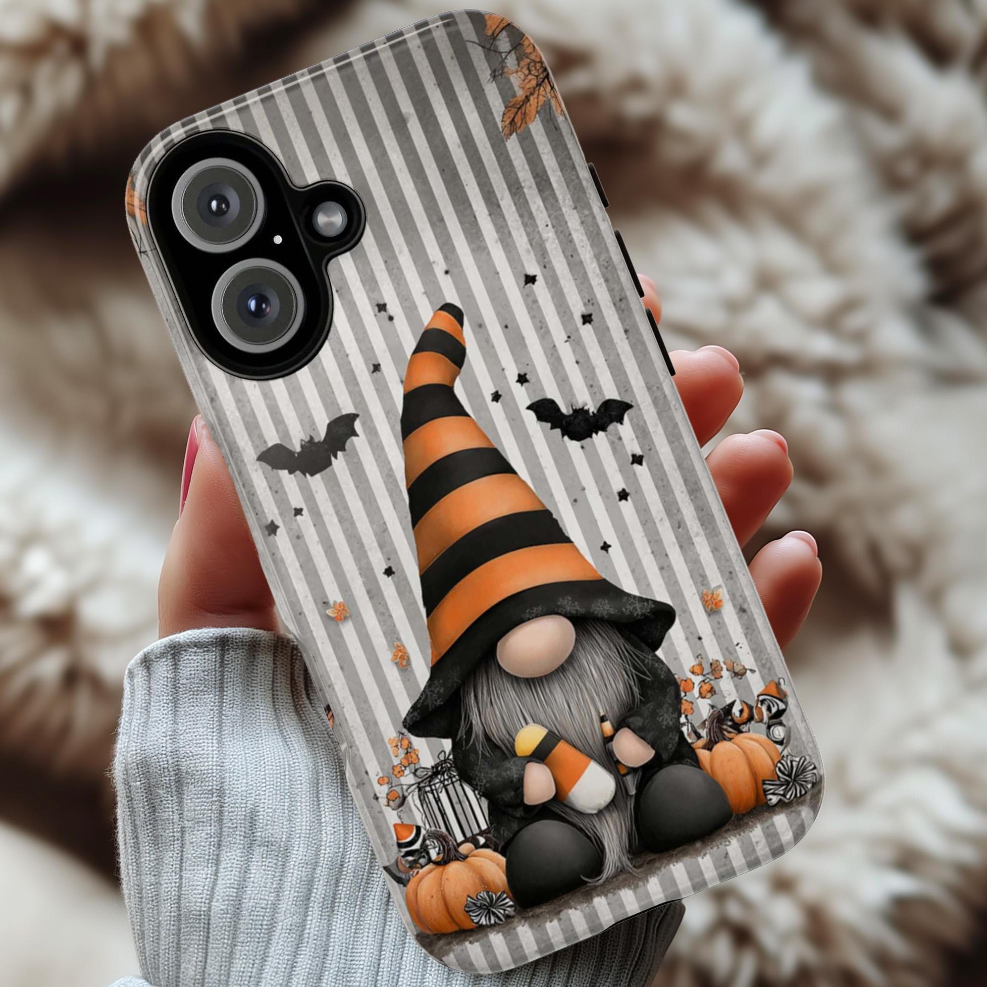 Cozy Fall Gnome Phone Case, Halloween Design Phone Case, Autumn Pumpkins & Bats Cover for iPhone 17 16 15 Tough or Magsafe, Samsung, 480.3