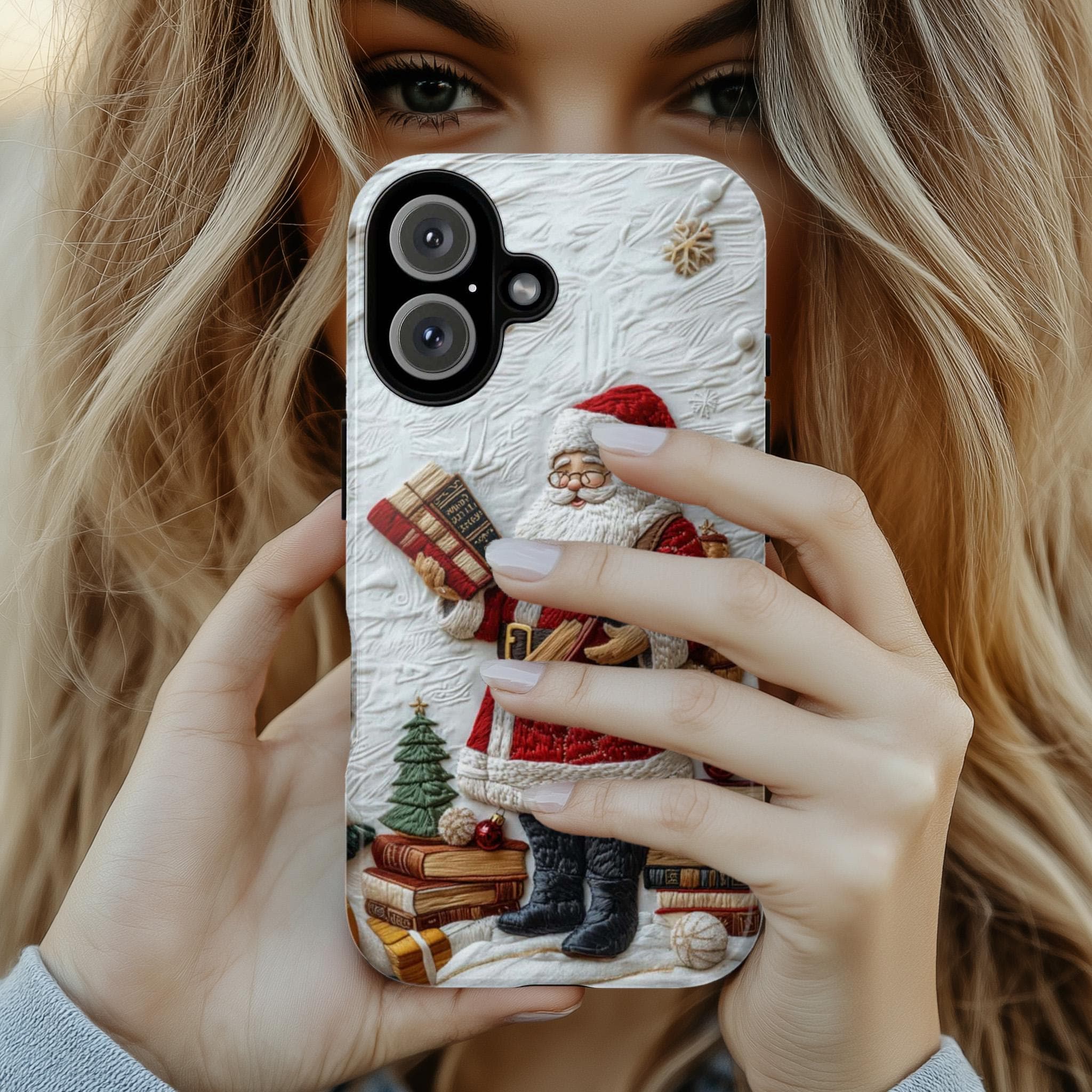 Holiday Santa & Books 3D Embroidered effect Phone Case, Winter Festive Design for iPhone 16 15 14 13 Magsafe Plus, Samsung S24, 444.7