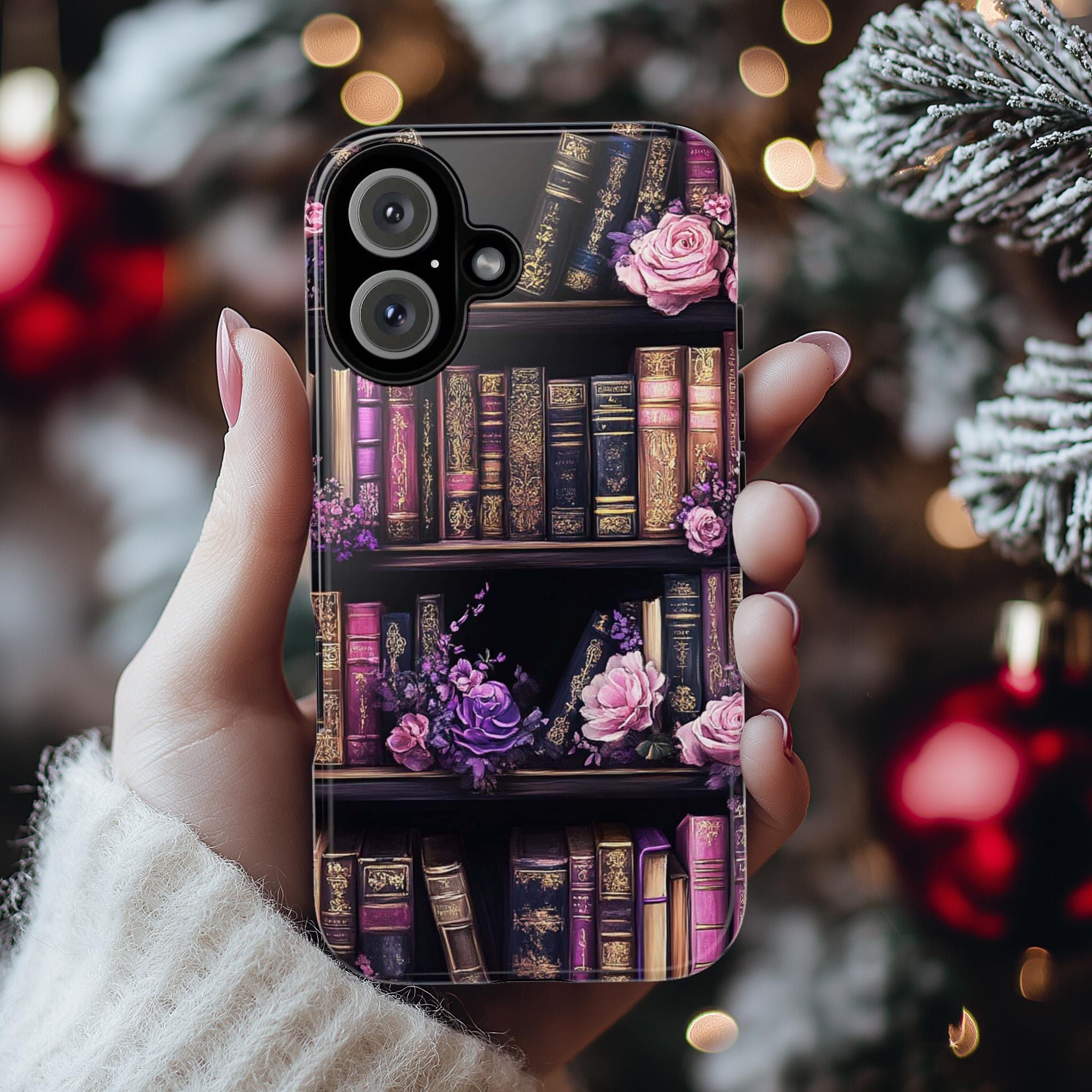 Gothic Dark Academia Floral Bookcase Phone Case, Vintage Book Lover Gift for iPhone 16 Pro Max 15 14 13 Plus, Samsung S24 S25 Ultra, 423.1