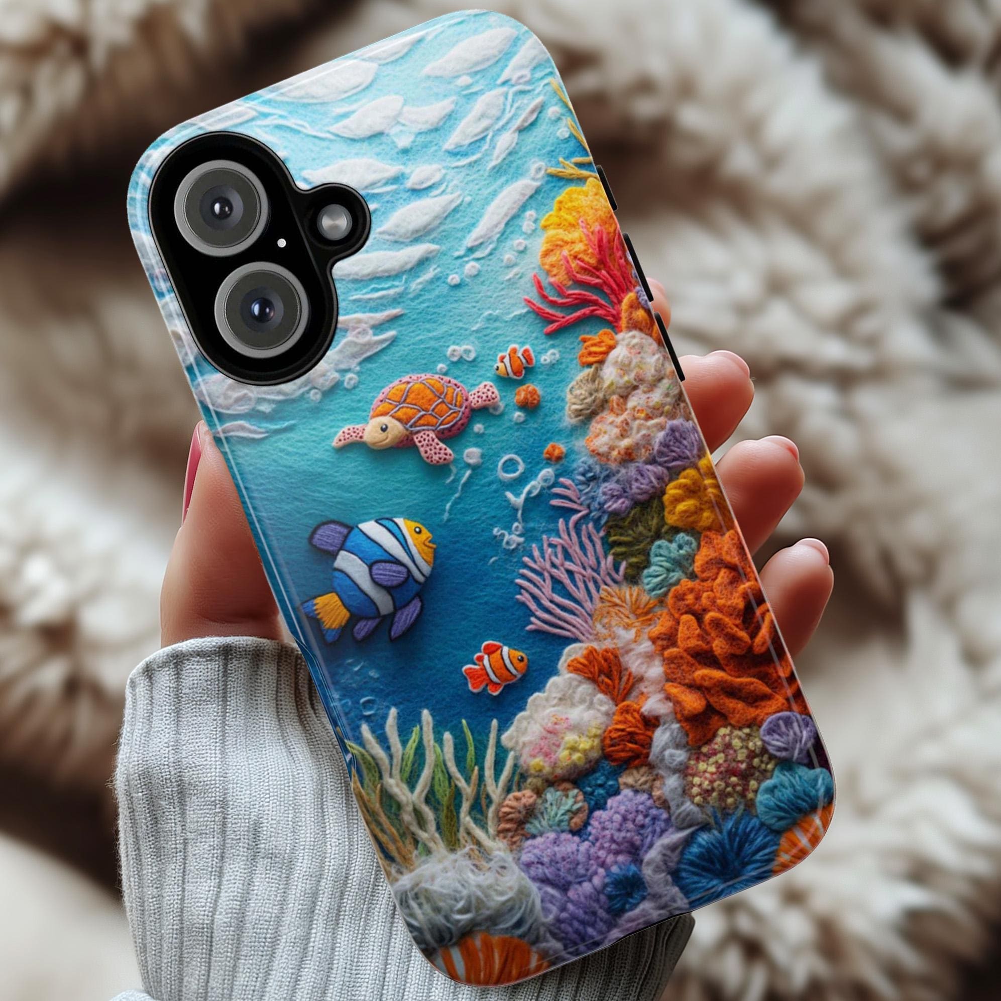 3D Felt Turtle Clownfish Coral Reef Ocean Phone Case, Marine Life Lovers Phone Case for iPhone 16 15 14 13 Magsafe, Samsung S25, 452.7