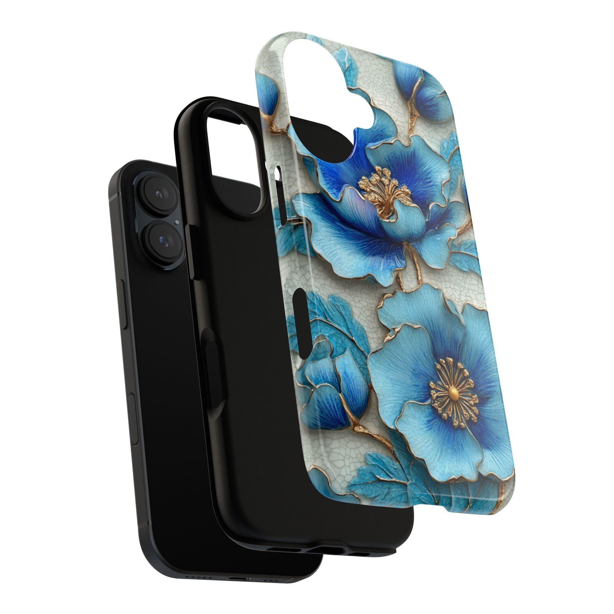 3D Turquoise Blue Floral Phone Case, Elegant Mosaic Design Stylish Accessory Textured 3D Effect for iPhone Tough or Magsafe, Samsung, 476.13