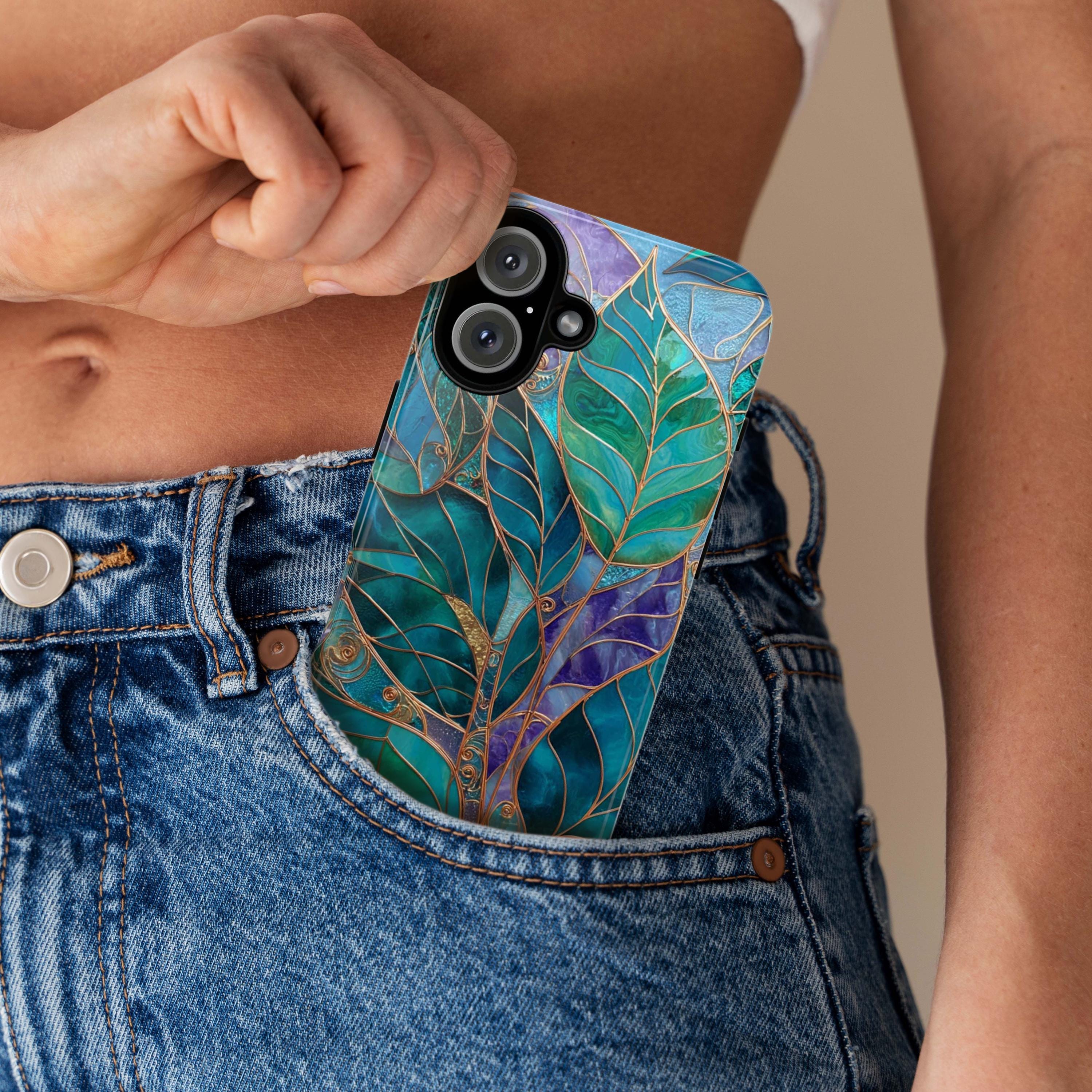 Green and Blue Leaf Phone Case with Gold Accents, Stained Glass Effect Artistic Nature Botanical Phone Cover for iPhone & Samsung, 478.7