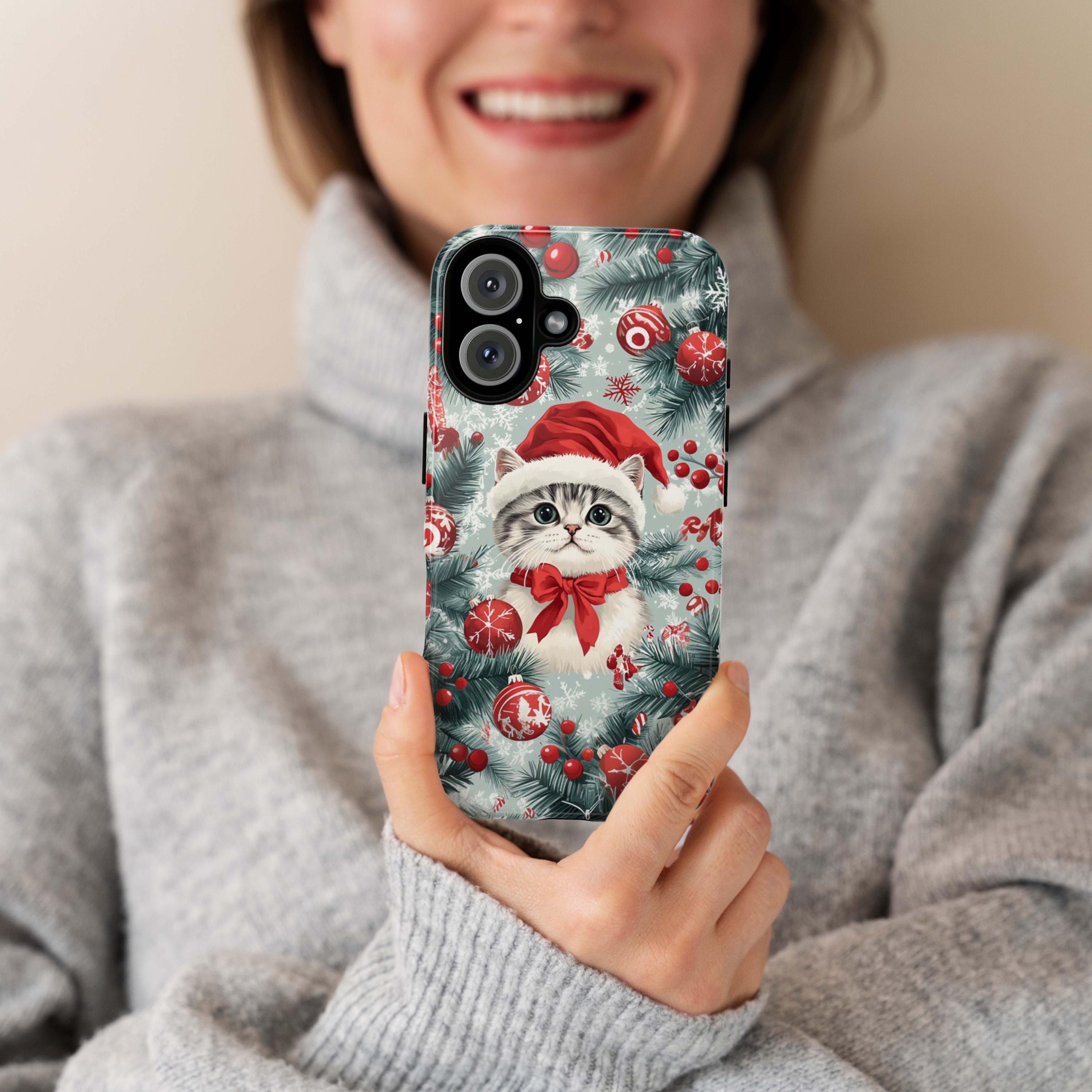 Christmas Cat Phone Case with Ornaments, Cute Pastel Colors Holiday Cover for iPhone 16 15 14 Tough or Magsafe, Samsung, 431.4