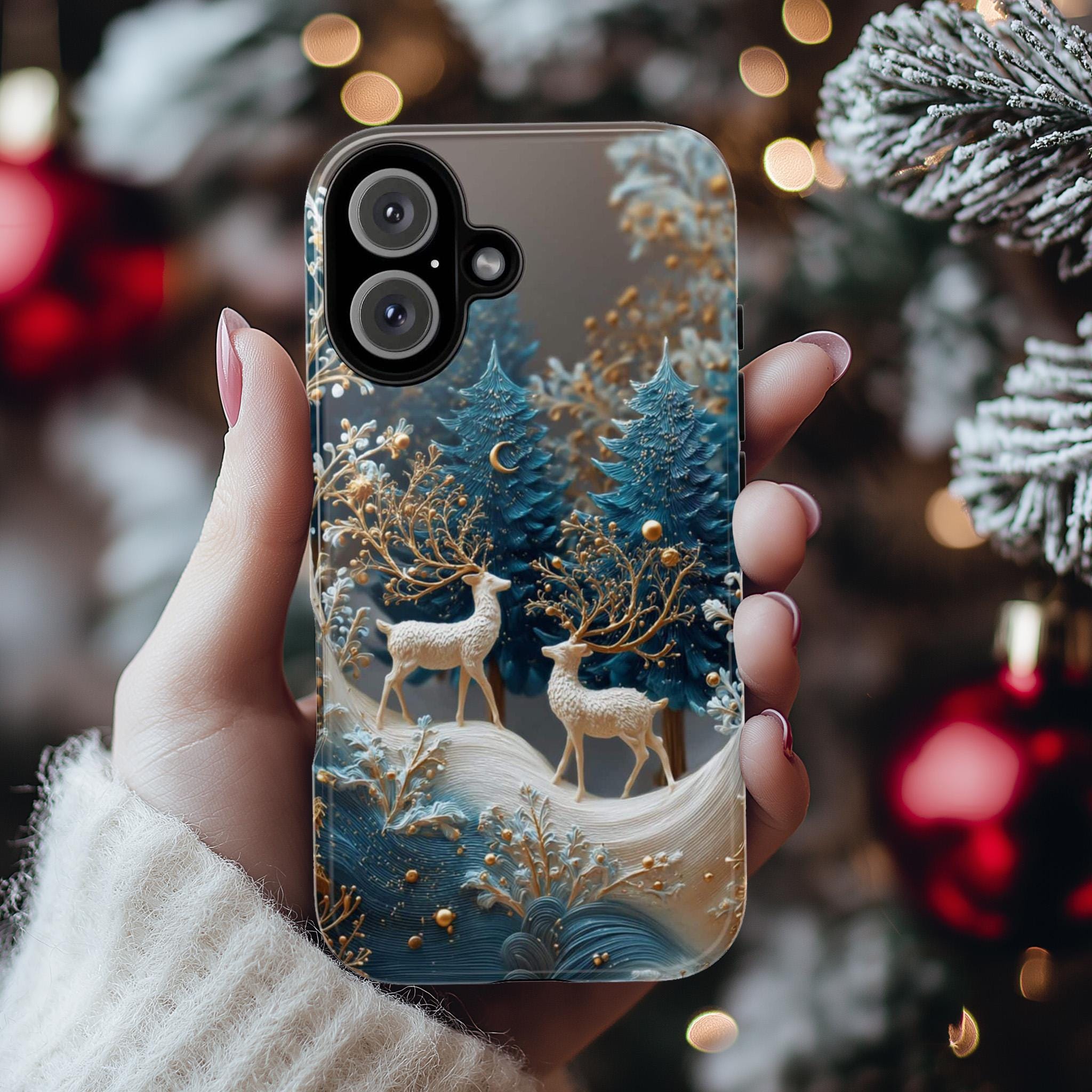 Winter Chistmas Forest Reindeer Phone Case | Snowy Holiday Woodland Cover for iPhone 16 15 14 Tough or Magsafe, Samsung, 481.1