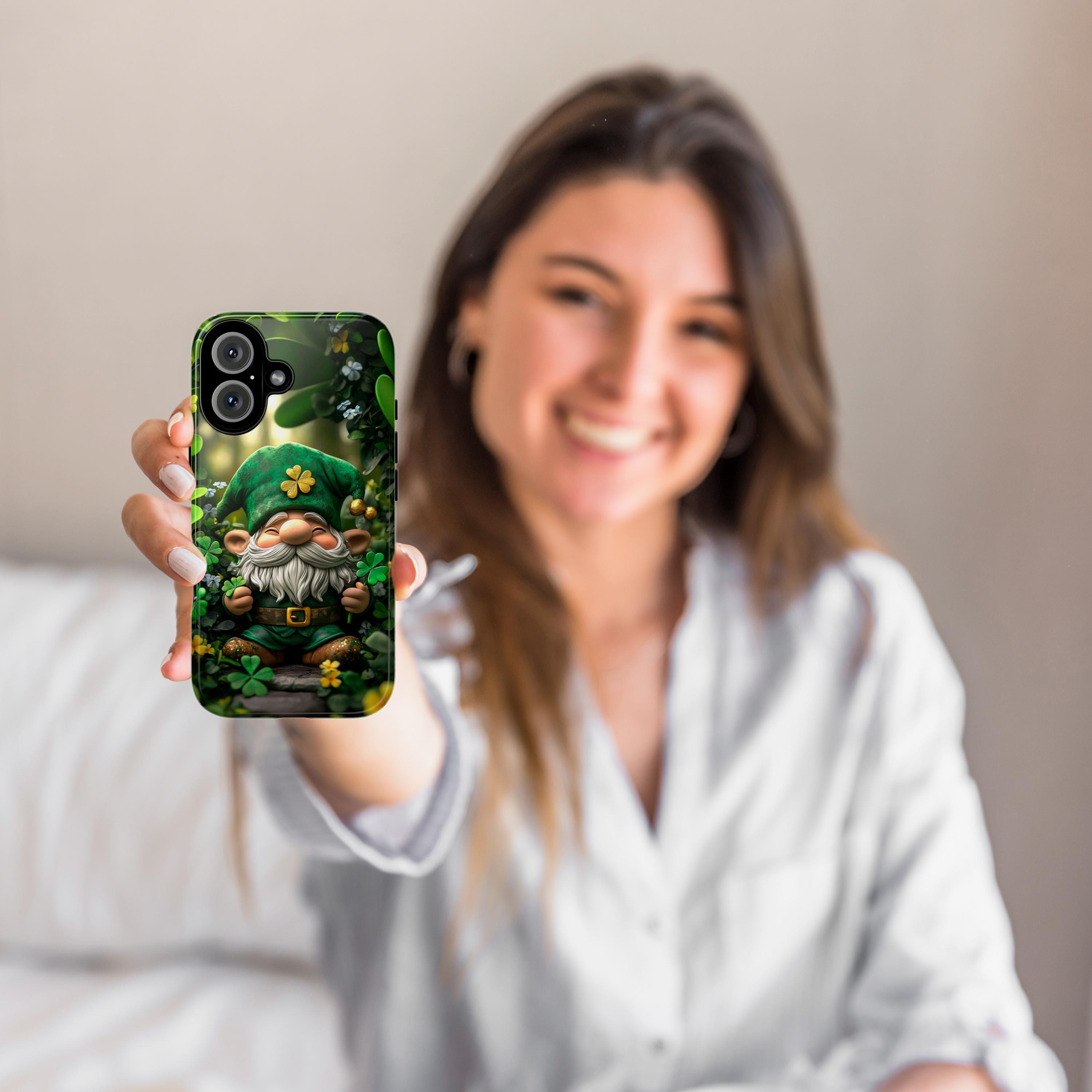 St. Patrick's Day Phone Case with Green Gnome and Shamrocks, Lucky Irish Inspired Cover for iPhone 16, 15, Samsung Galaxy S24, 457.1
