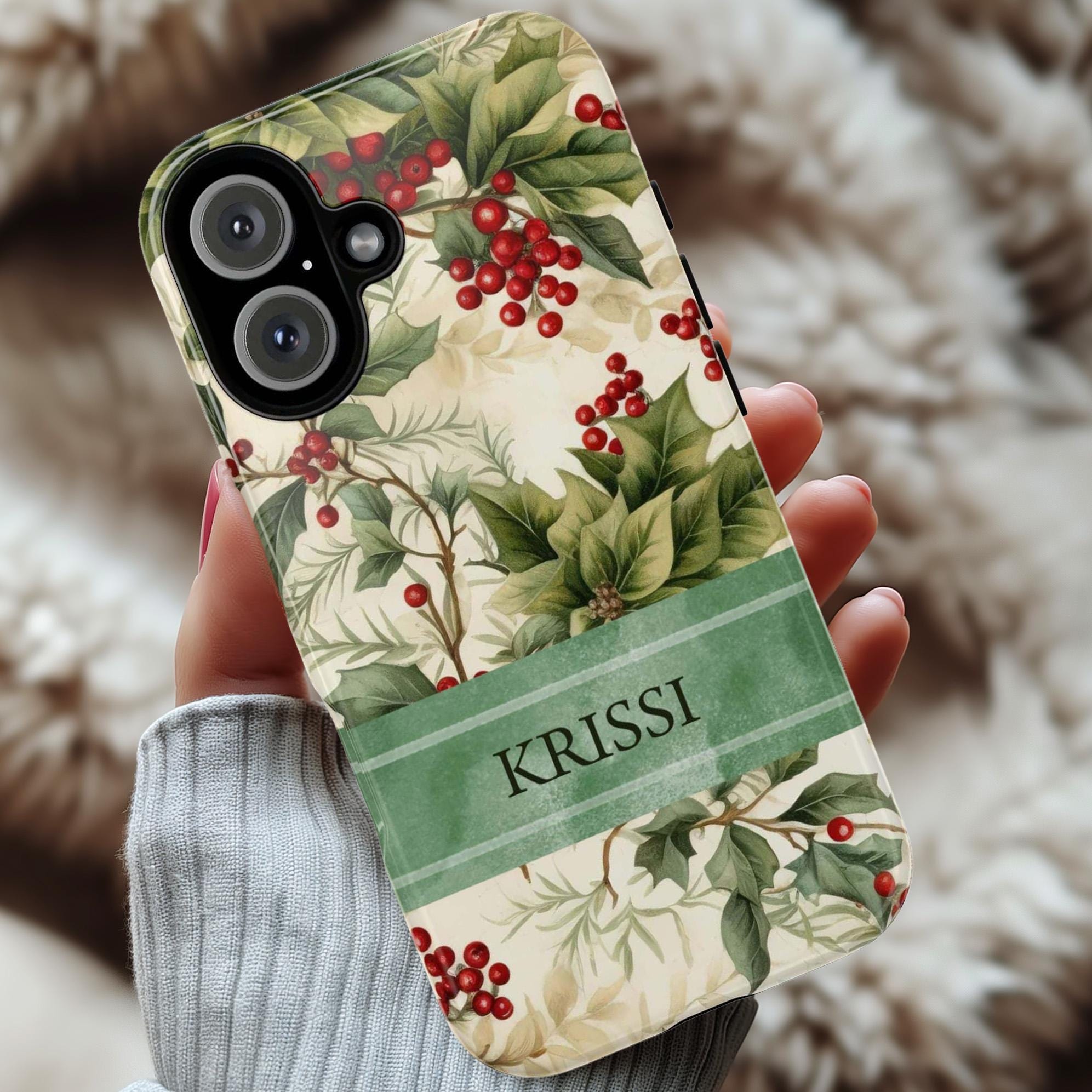 Personalized Xmas Phone Case Holiday Holly Phone Case, Custom Winter Phone Cover for iPhone 16 15 14 13  Pro Max Plus/Samsung S25, 107.2
