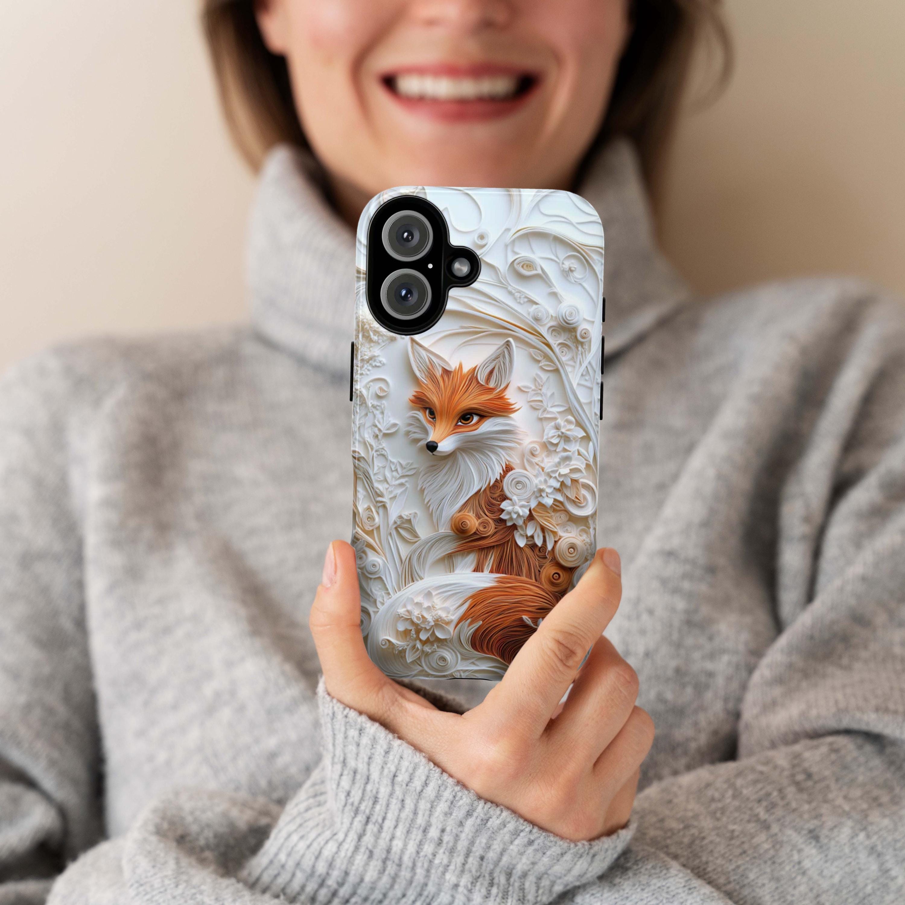 Fox and Floral Paper Art Phone Case, 3D Textured Fox Lover Gift Phone Cove, Artistic Paper Style Cover for iPhone Tough or MagSafe, 470.13