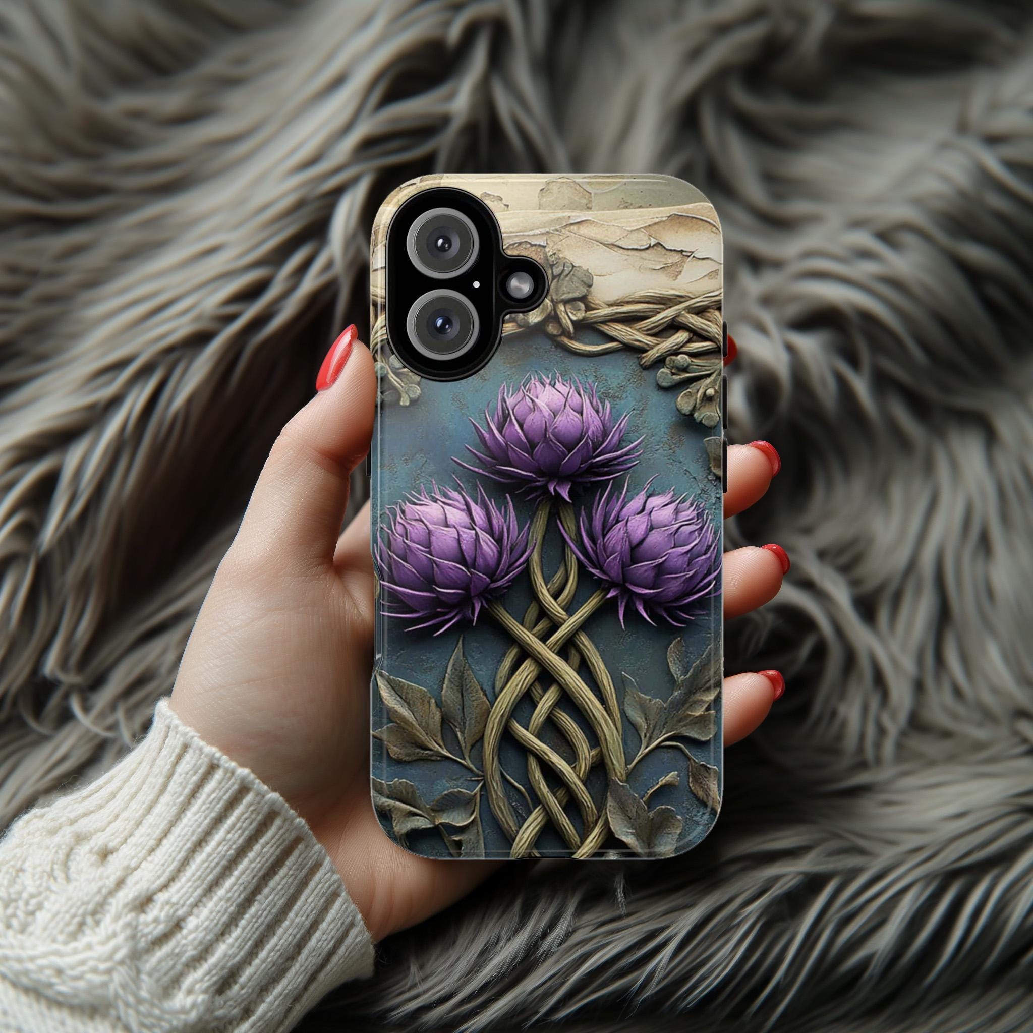 Celtic Thistle Phone Case, Rustic 3D Style Purple Flower Design, Nature Celtic Cover for iPhone 16 15 Tough or Magsafe, Samsung S25, 439.48