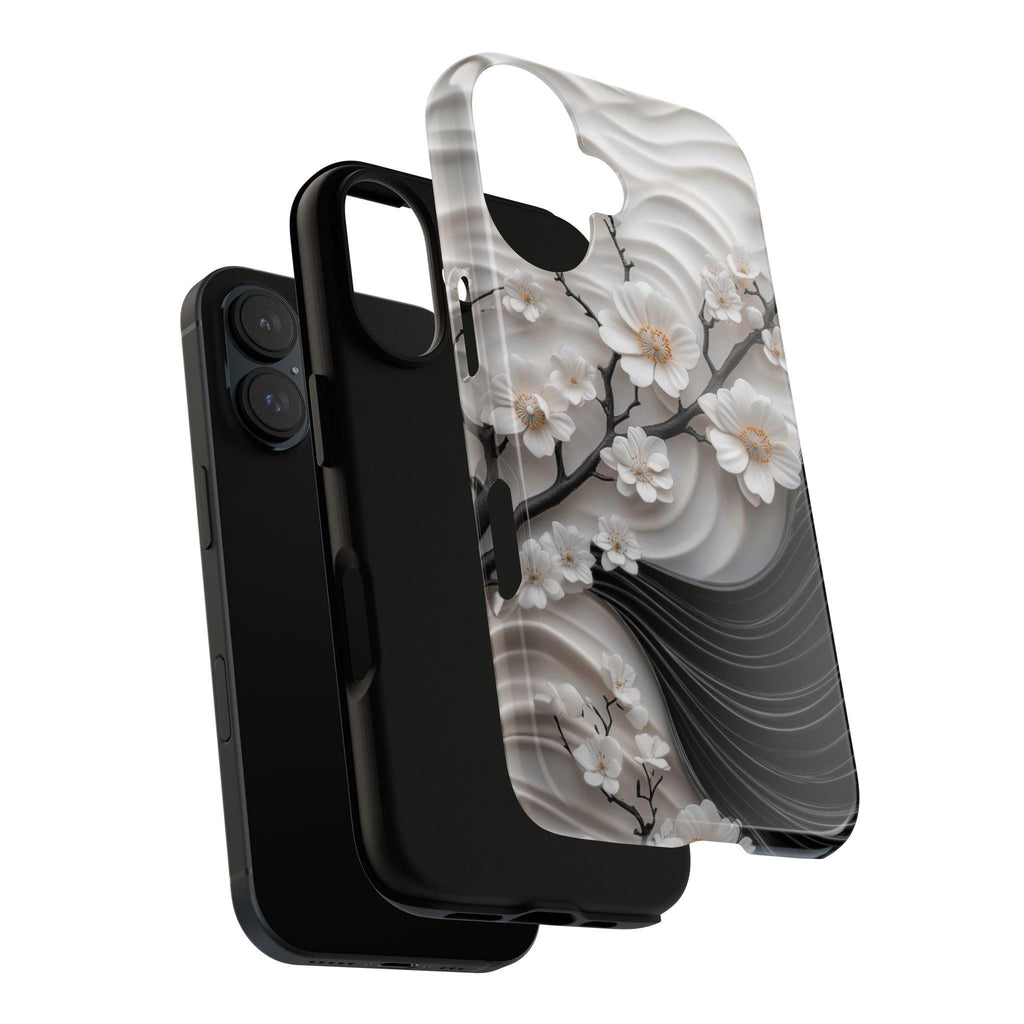 Cherry Blossom 3D Elegant Phone Case, Black White Japanese Art Cover, Floral Sakura Case for iPhone 16 15 14 13, Samsung S25, 469.1
