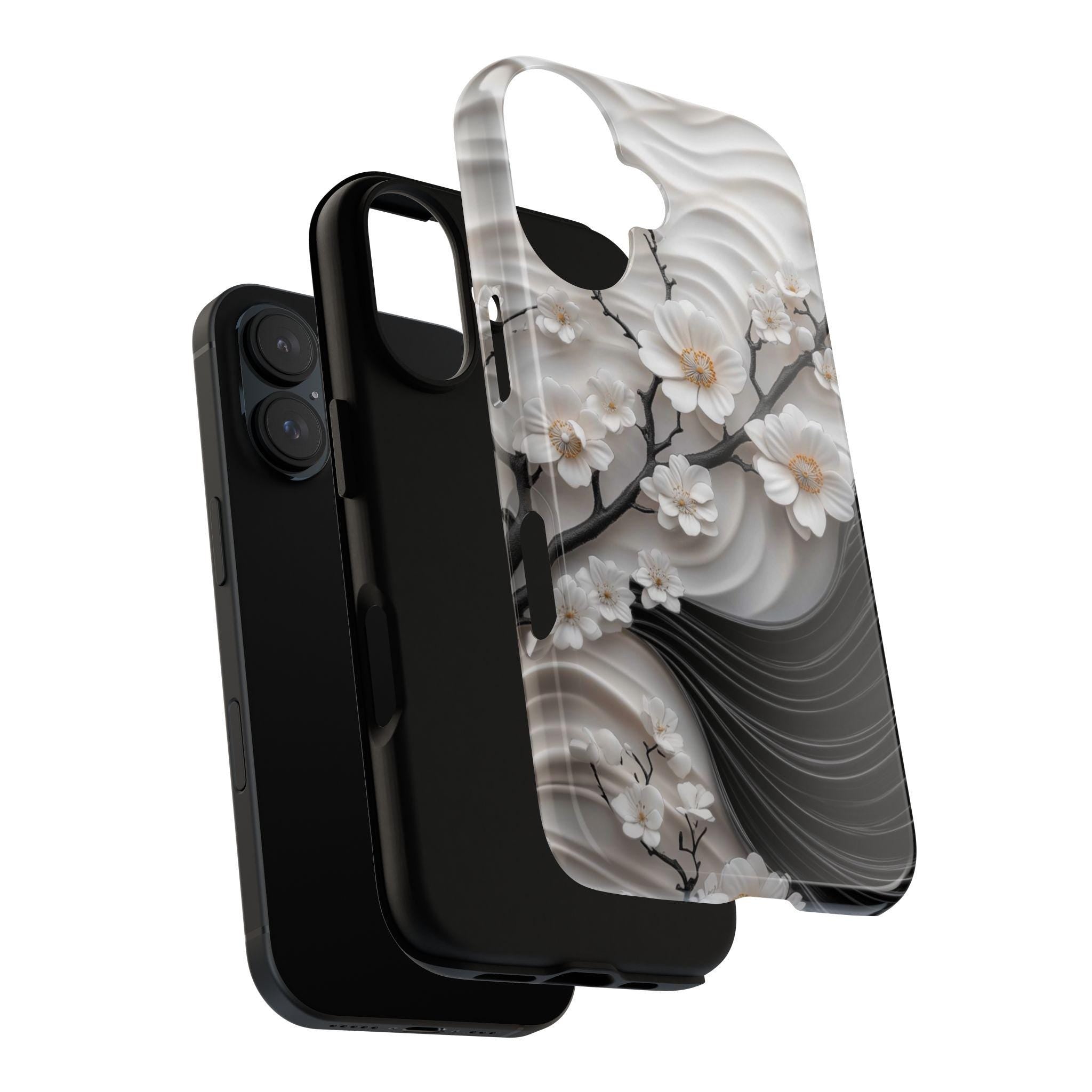 Cherry Blossom 3D Elegant Phone Case, Black White Japanese Art Cover, Floral Sakura Case for iPhone 16 15 14 13, Samsung S25, 469.1