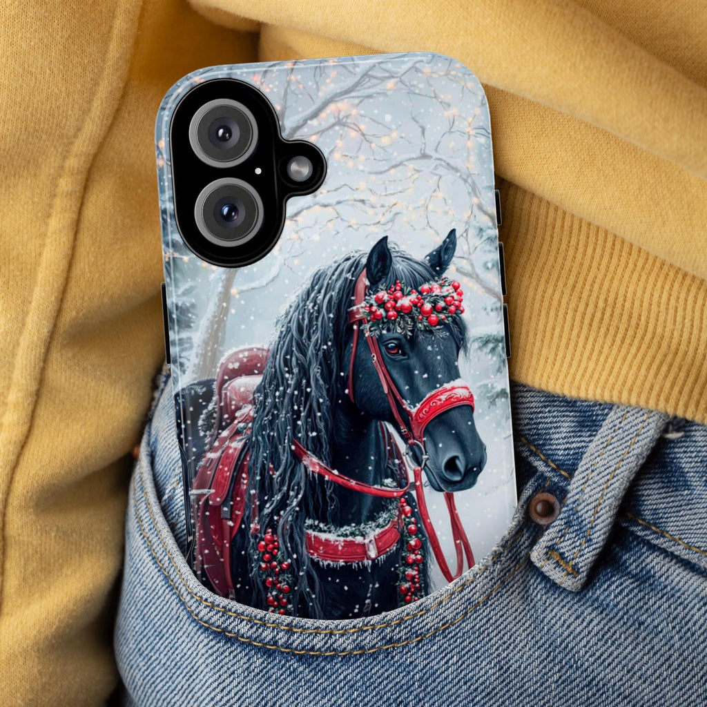 Black Horse Red Harness & Winter Forest Phone Case, Festive Christmas Cover for Horse Lovers iPhone 16 15 14 13 Magsafe, Samsung S24, 440.6