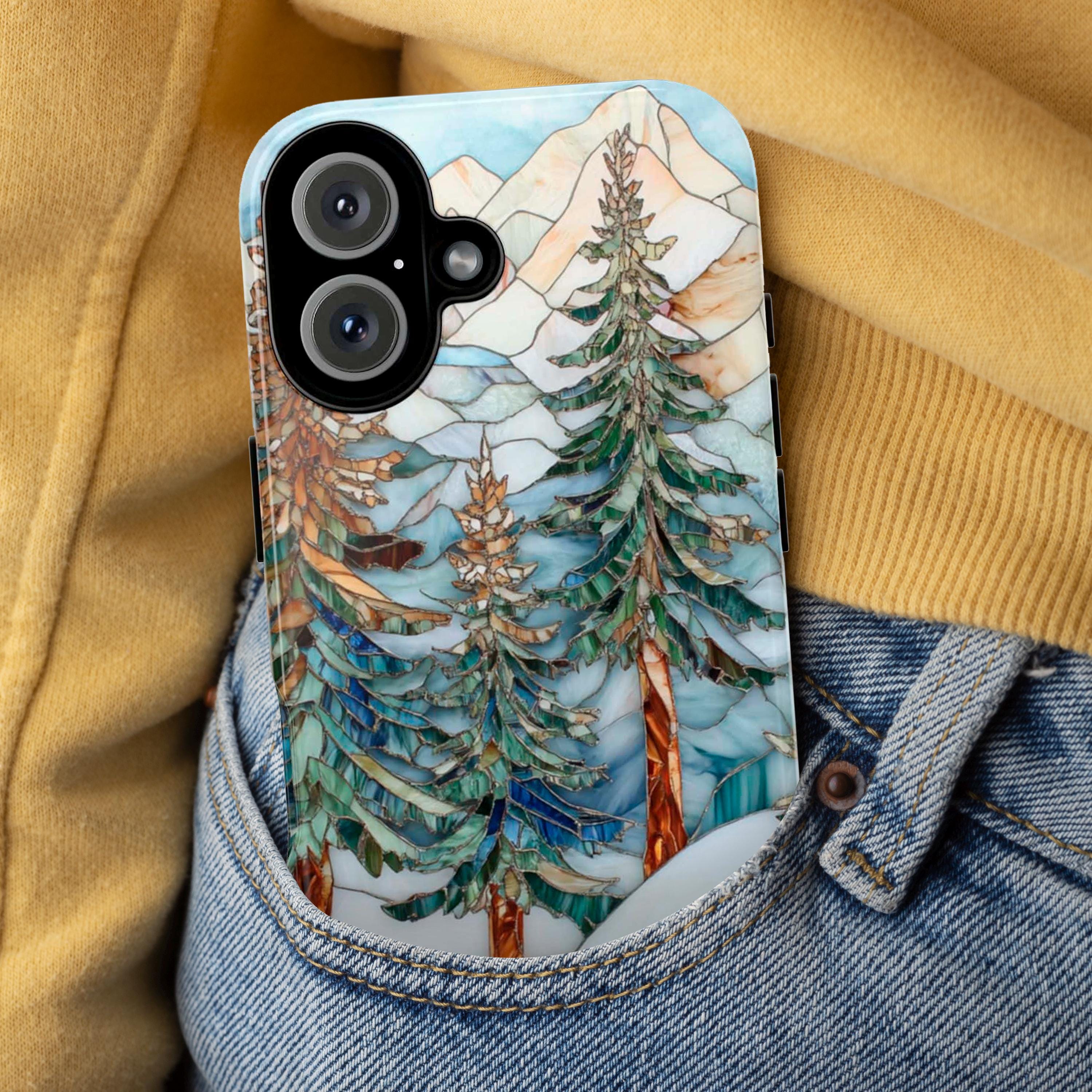 Winter Landscape Pine Trees Stained Glass Effect Phone Case, Xmas Phone Cover for iPhone 16 15 14 13 Pro Max Plus Magsafe, Galaxy S25, 420.2