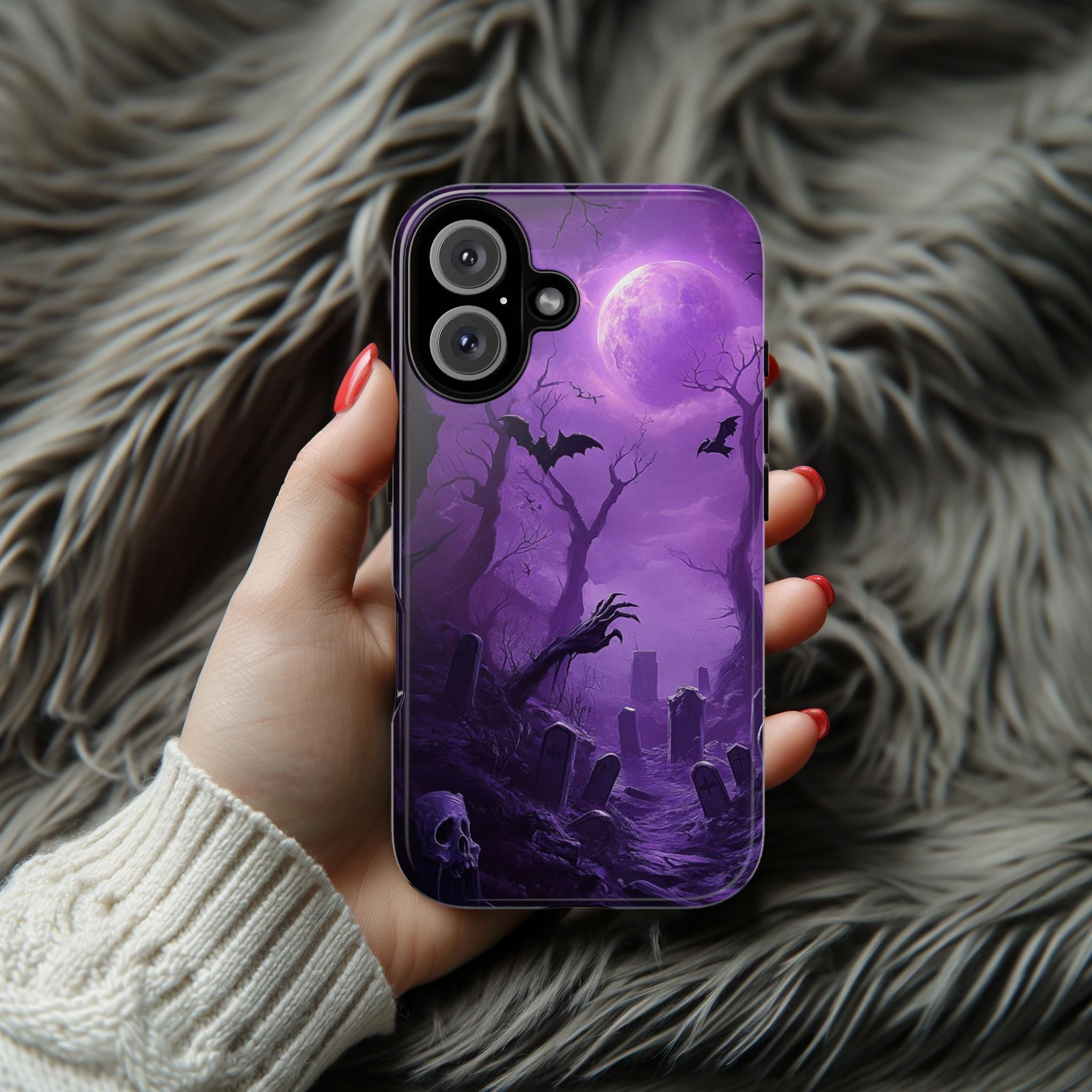 Mystic Halloween Phone Case, Skull & Full Moon Case, Purple Spooky Gothic Cover for iPhone 16 15 14 Tough or Magsafe, Samsung, 475.3