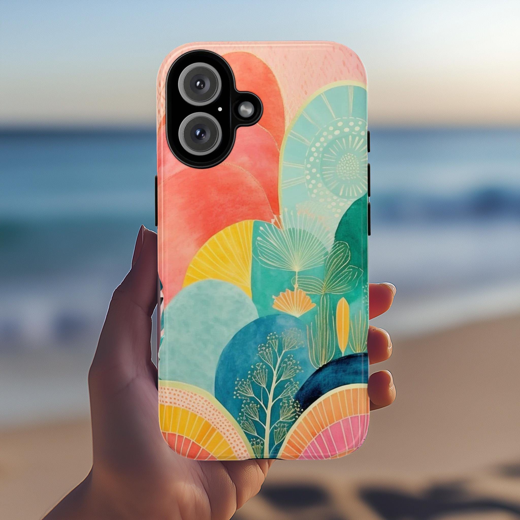 Boho Abstract Landscape Phone Case, Aesthetic Watercolor Phone, Painting Art Cover for iPhone 15 14 13 12 11 Pro Max Plus / Galaxy S25, 135