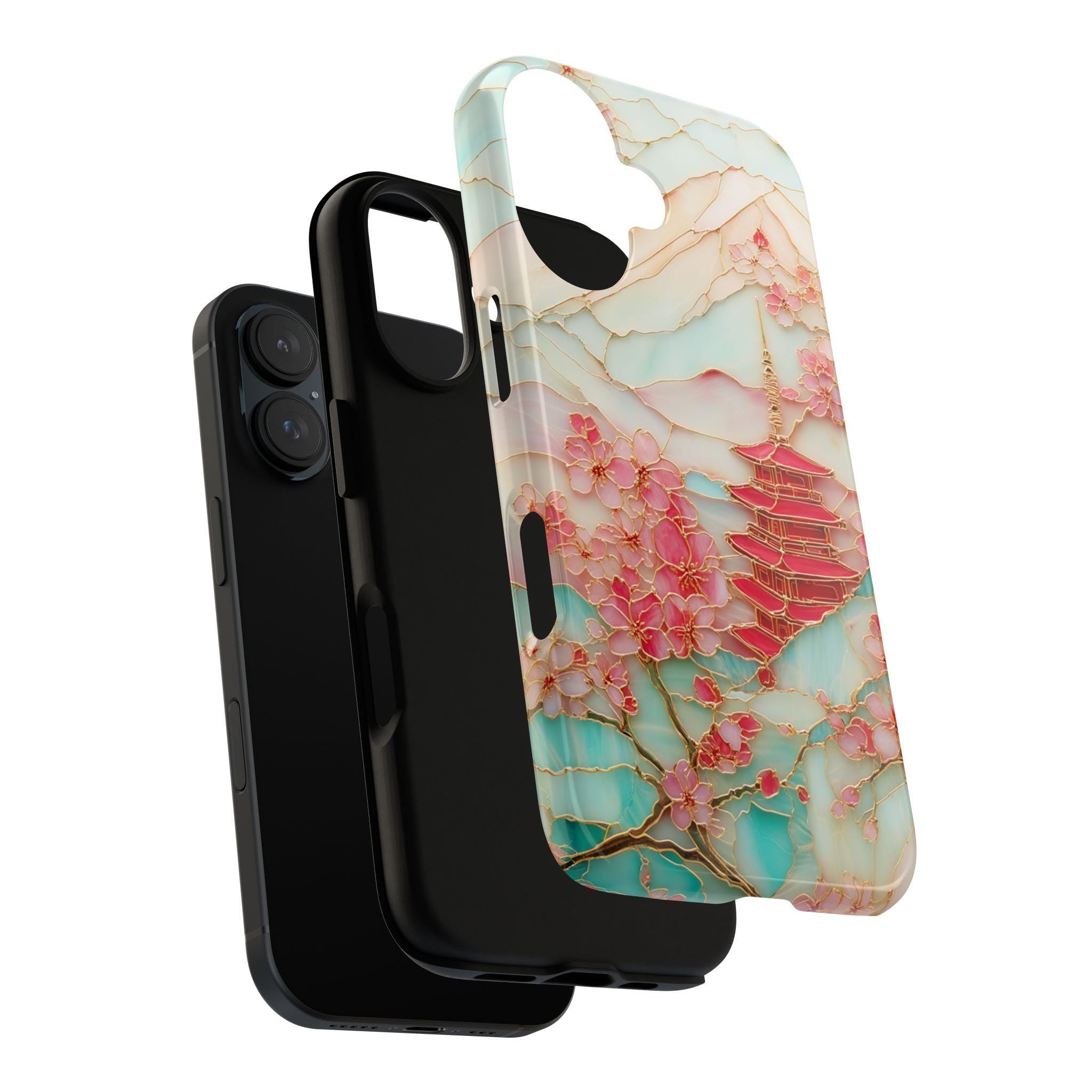 Cherry Blossom Phone Case, Mount Fuji & Pagoda Japanese Sakura Stained Glass Design for iPhone 16 15 Tough or Magsafe, Samsung S25, 469.11