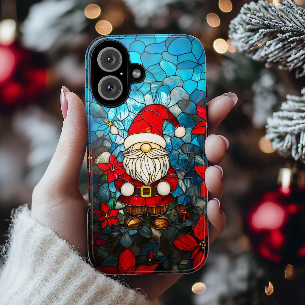 Holiday Santa & Poinsettia Stained Glass Winter Phone Case, Xmas Gnome and Floral Design MagSafe for iPhone 16 15 14 13, Samsung S24, 427.7