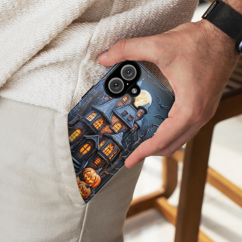 Halloween Haunted House Phone Case, 3D Effect Spooky Design with Pumpkins, Creepy Autumn Cover for iPhone Tough or Magsafe, Samsung, 475.1